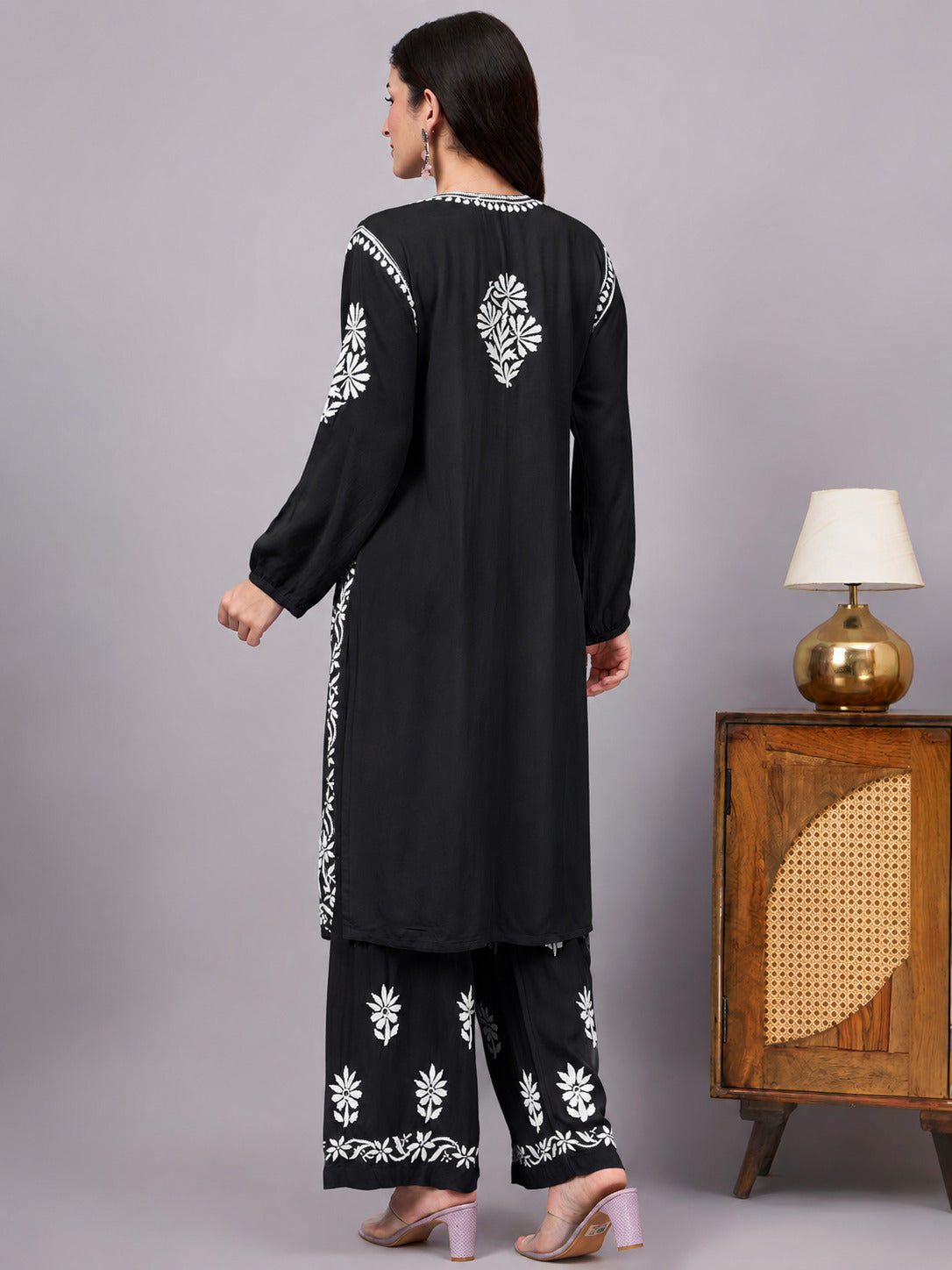 Women's Rayon A-Line Kurta Set with authentic handcrafted Chikankari embroidery, matching embroidered palazzo, breathable rayon fabric, and a flattering silhouette for all-day comfort and elegant ethnic wear.
