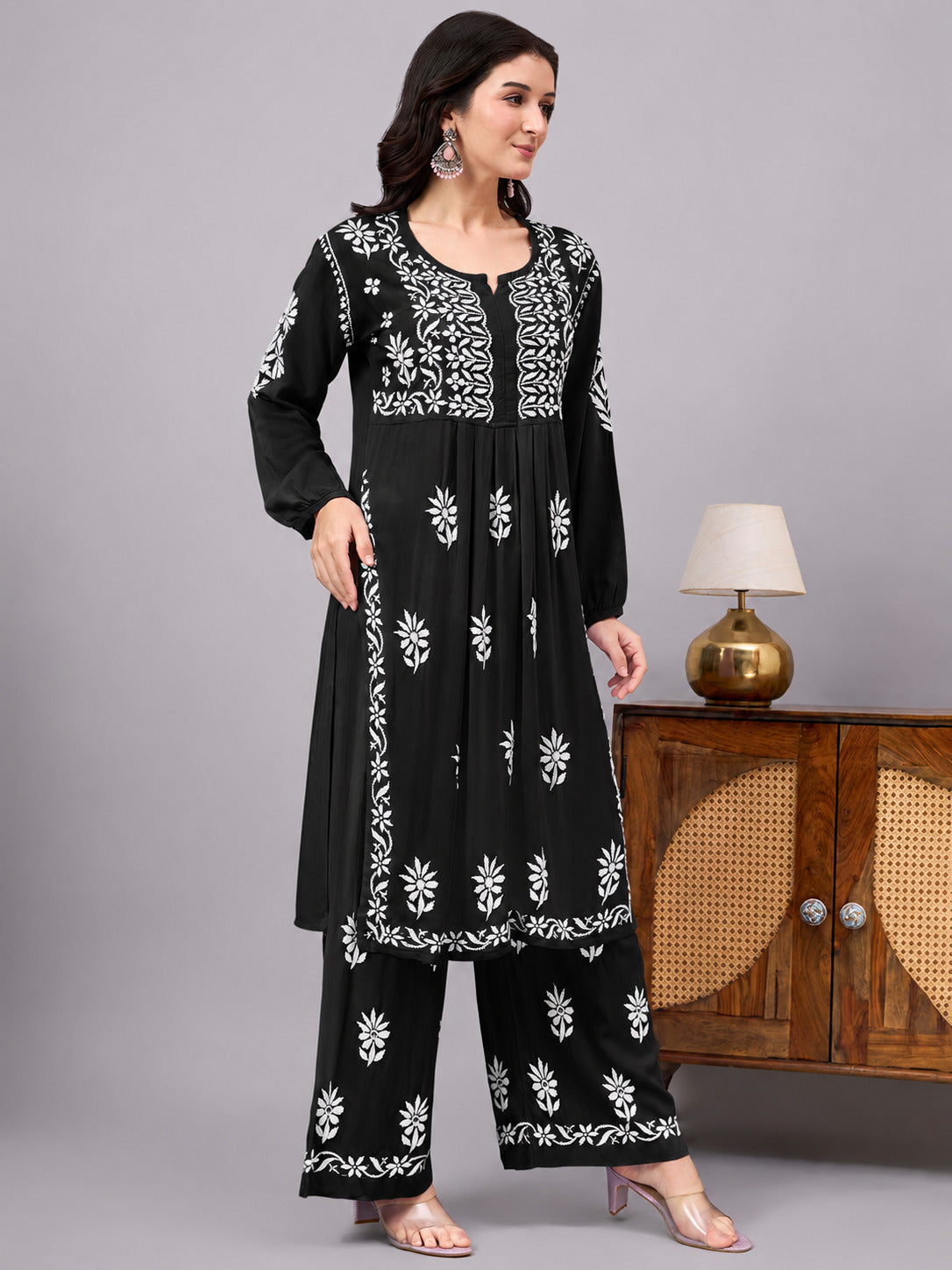 Women's Rayon A-Line Kurta Set featuring authentic handcrafted Chikankari embroidery with a matching palazzo, designed for comfortable regular wear and timeless ethnic elegance.
