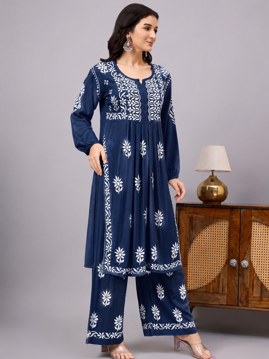 Women's Chikankari Set with artisan-crafted floral embroidery, matching embroidered palazzo, and premium rayon fabric for office wear, casual outings, and festive occasions.