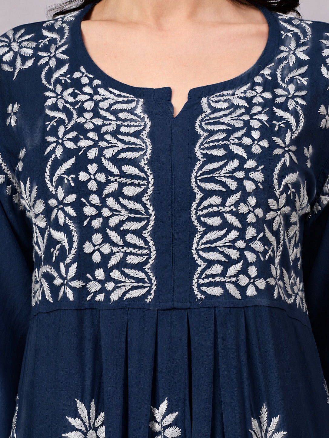 Handcrafted Rayon A-Line Kurta Set for women featuring authentic Lucknow Chikankari embroidery, breathable rayon fabric, and a comfortable regular fit for all-day wear.