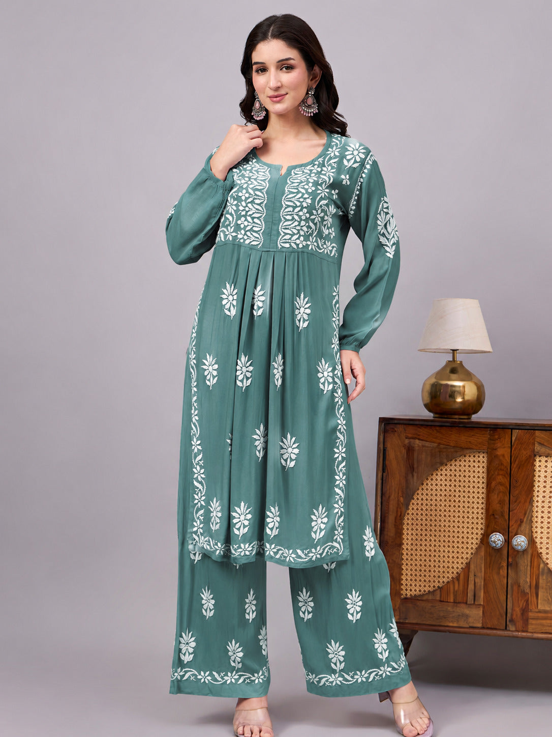 Women's Rayon A-Line Kurta Set featuring authentic handcrafted Chikankari embroidery with a matching palazzo, designed for comfortable regular wear and timeless ethnic elegance.