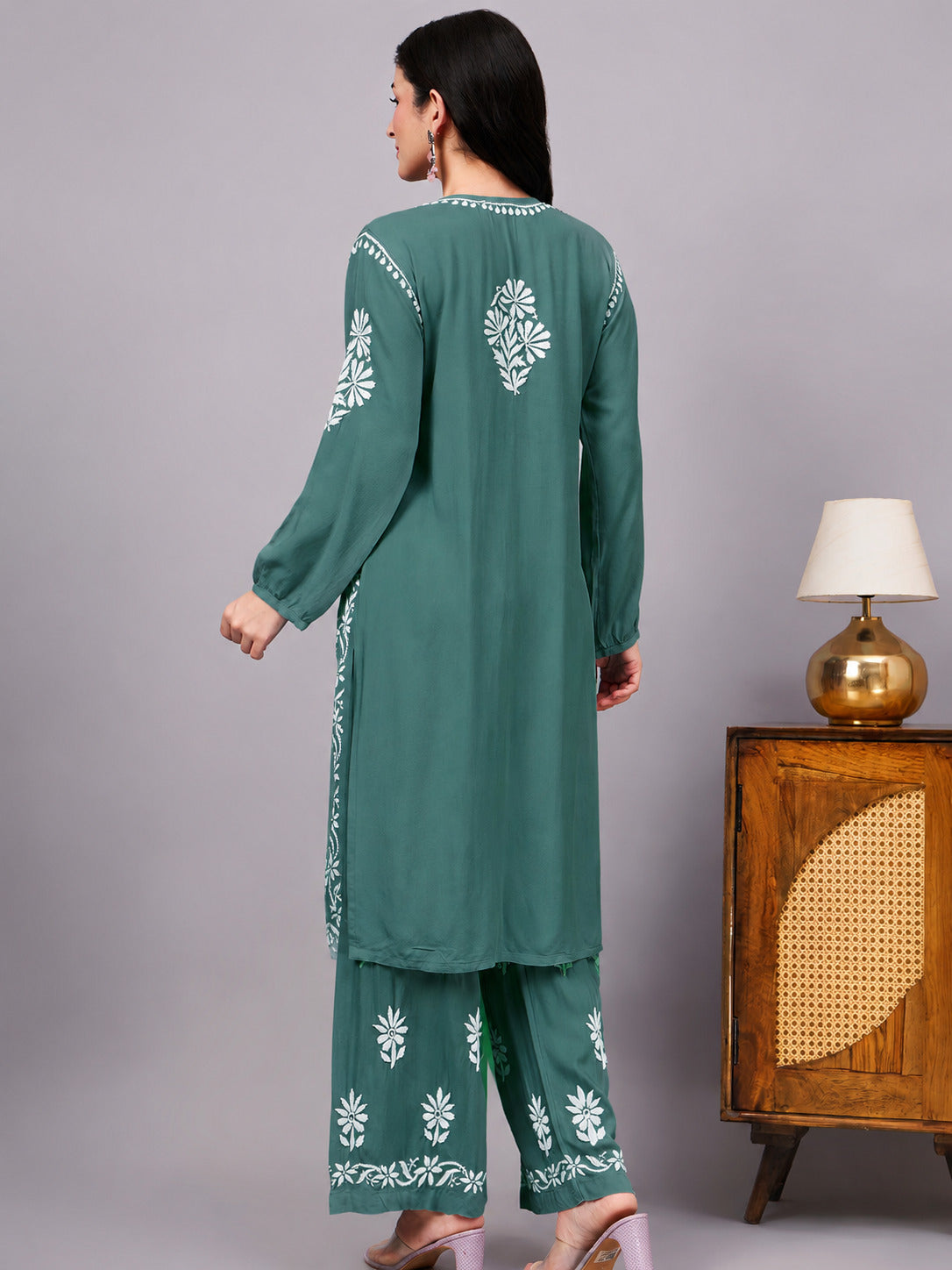 Handcrafted Rayon A-Line Kurta Set for women featuring authentic Lucknow Chikankari embroidery, breathable rayon fabric, and a comfortable regular fit for all-day wear.