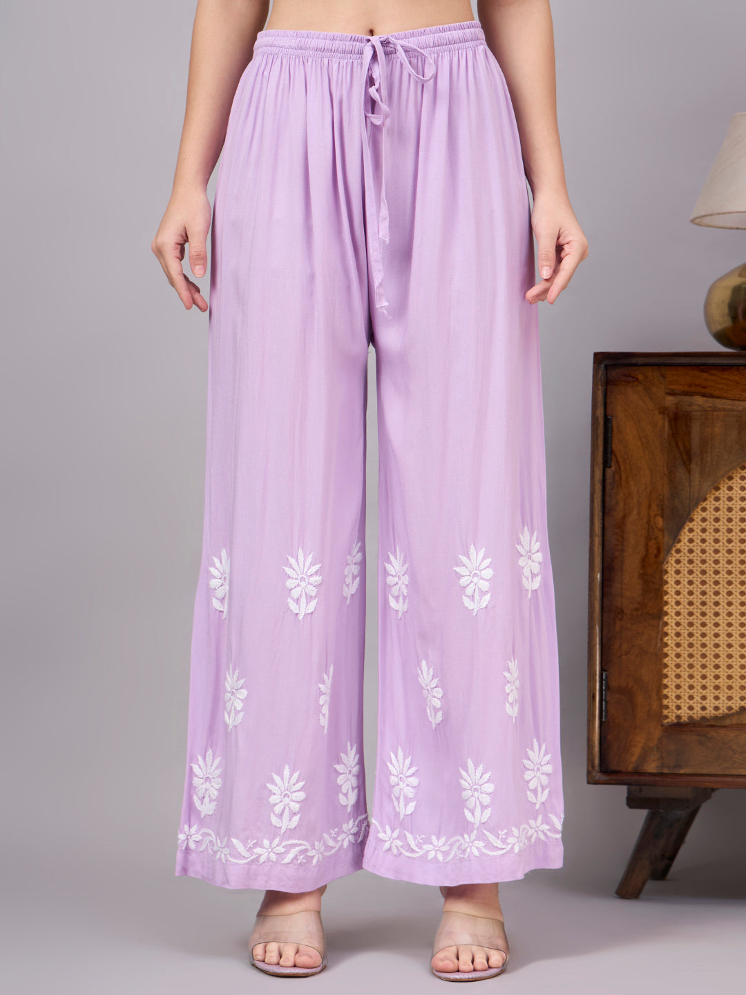 Women's Rayon A-Line Kurta Set with authentic handcrafted Chikankari embroidery, matching embroidered palazzo, breathable rayon fabric, and a flattering silhouette for all-day comfort and elegant ethnic wear.