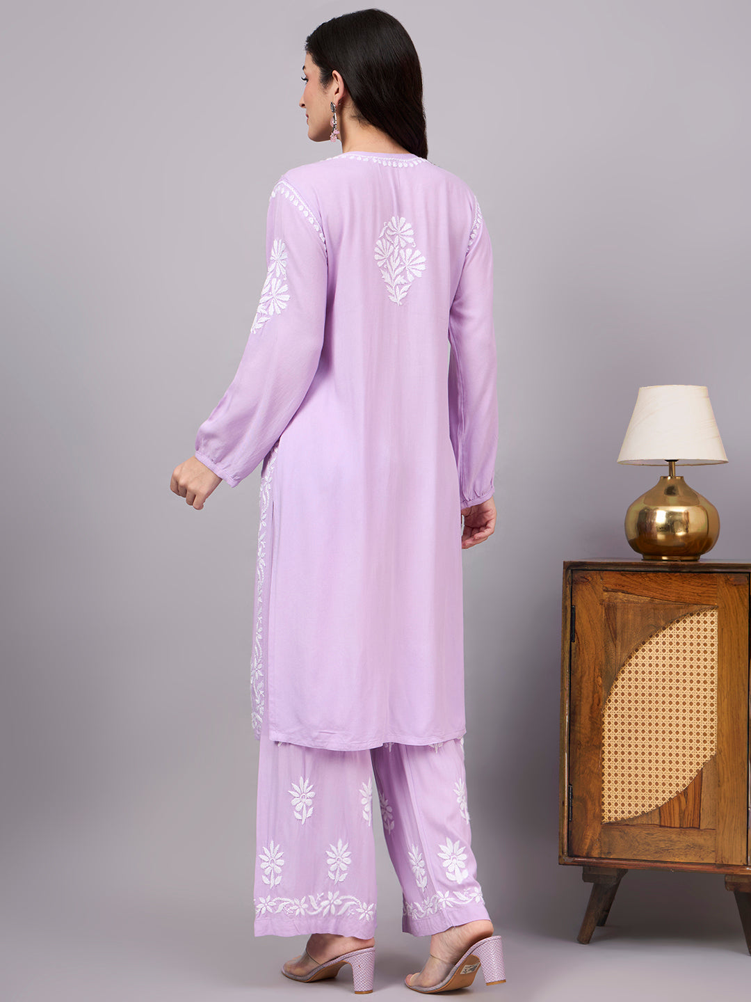 Elegant Rayon A-Line Kurta Set featuring handcrafted floral Chikankari embroidery, premium rayon fabric, and a comfortable regular fit suitable for every occasion.