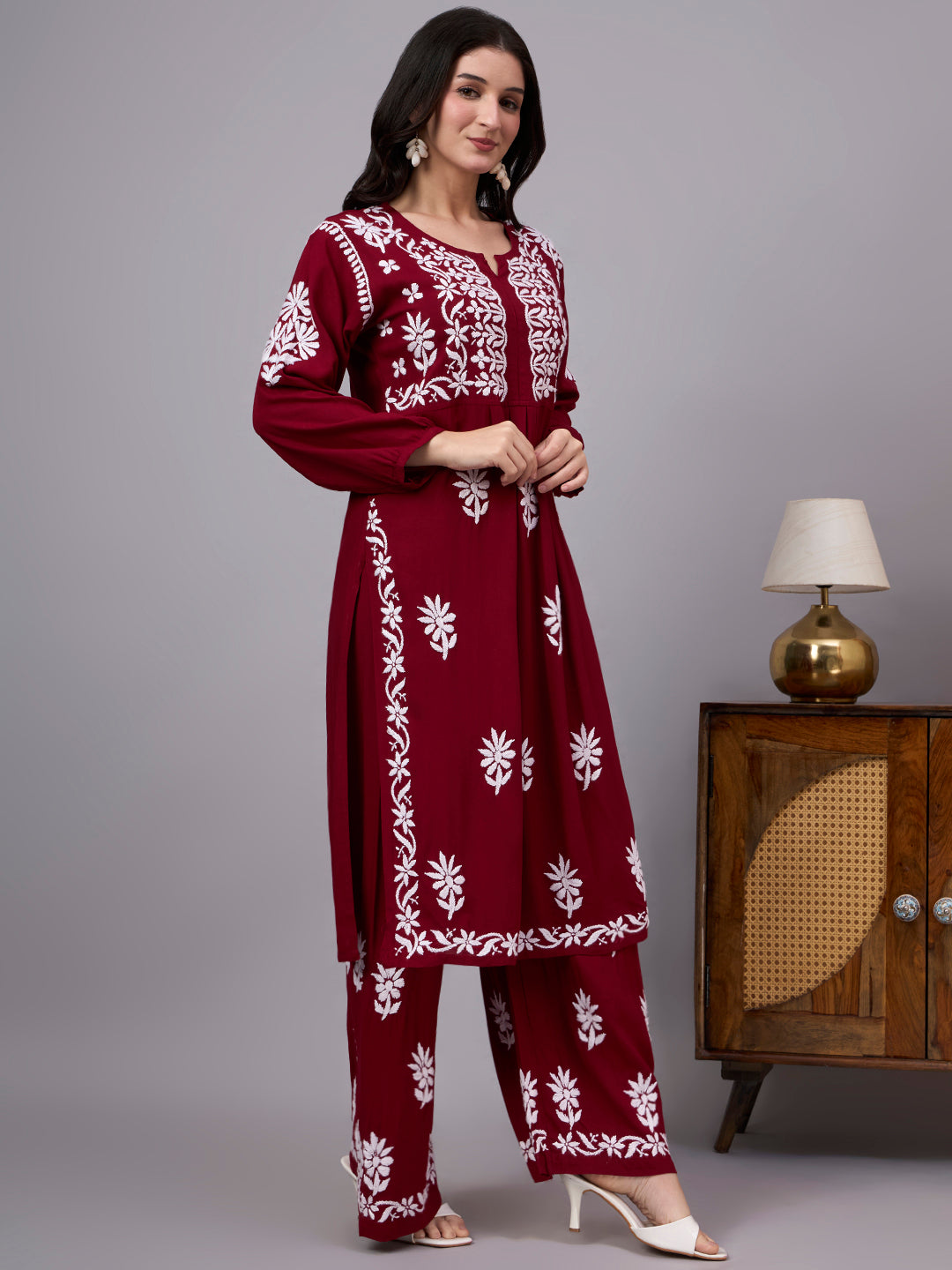 Women's Chikankari Set with artisan-crafted floral embroidery, matching embroidered palazzo, and premium rayon fabric for office wear, casual outings, and festive occasions.