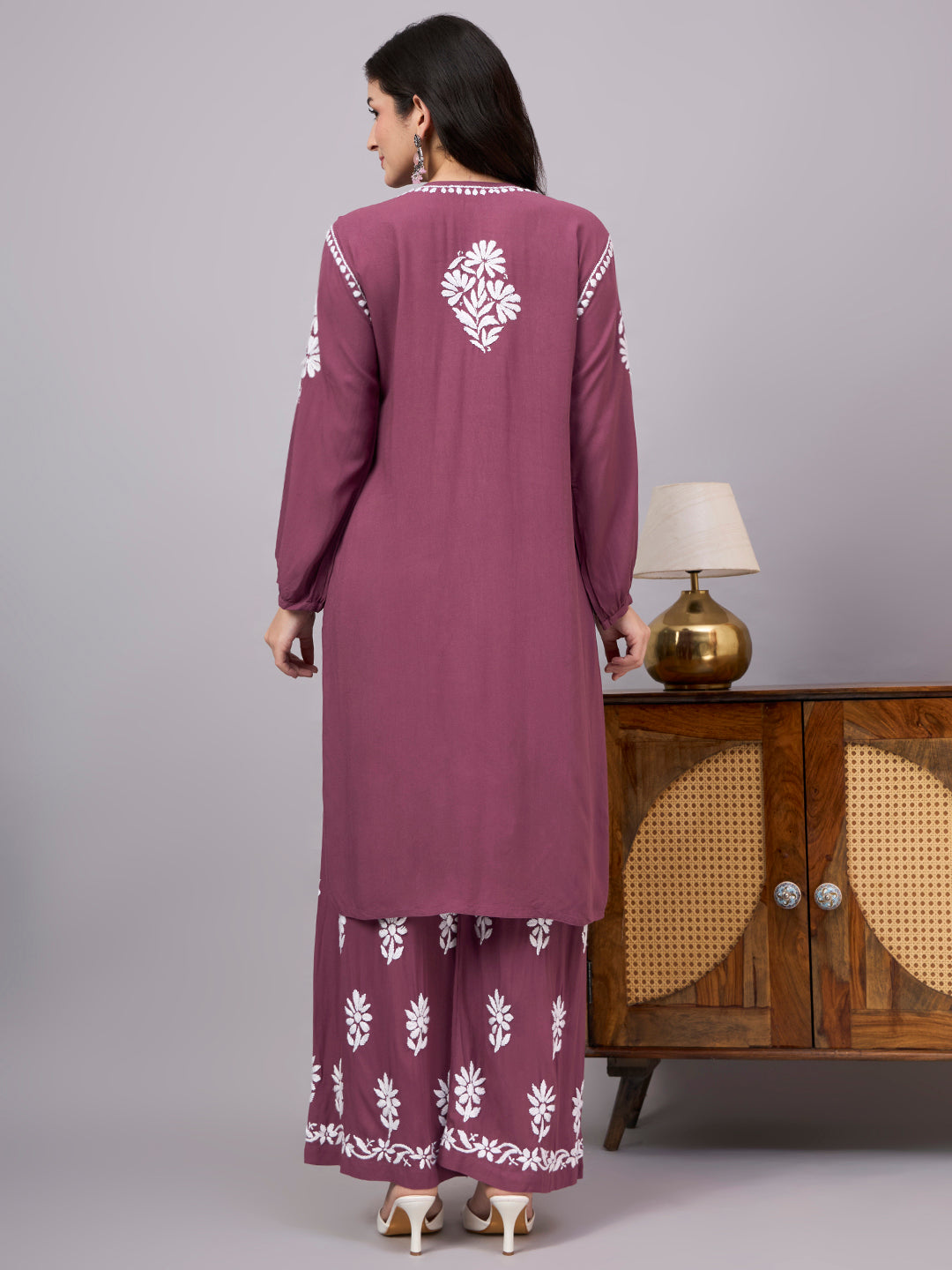 Handcrafted Rayon A-Line Kurta Set for women featuring authentic Lucknow Chikankari embroidery, breathable rayon fabric, and a comfortable regular fit for all-day wear.