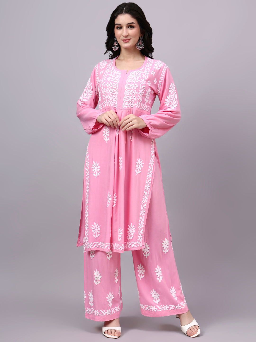 Traditional Rayon A-Line Kurta Set crafted by skilled artisans using authentic Chikankari embroidery techniques, paired with an embroidered palazzo for a complete ethnic ensemble.