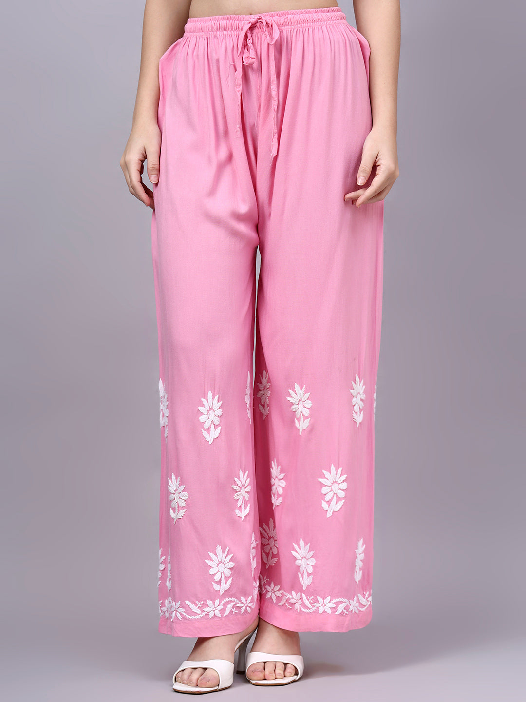 Women's Rayon A-Line Kurta Set with authentic handcrafted Chikankari embroidery, matching embroidered palazzo, breathable rayon fabric, and a flattering silhouette for all-day comfort and elegant ethnic wear.