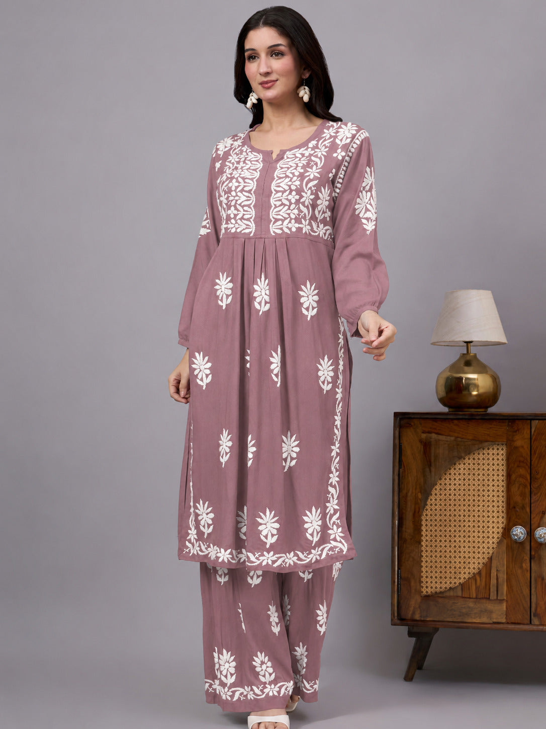 Mira Rayon Chikankari Kurti Palazzo Set - Rose Pink