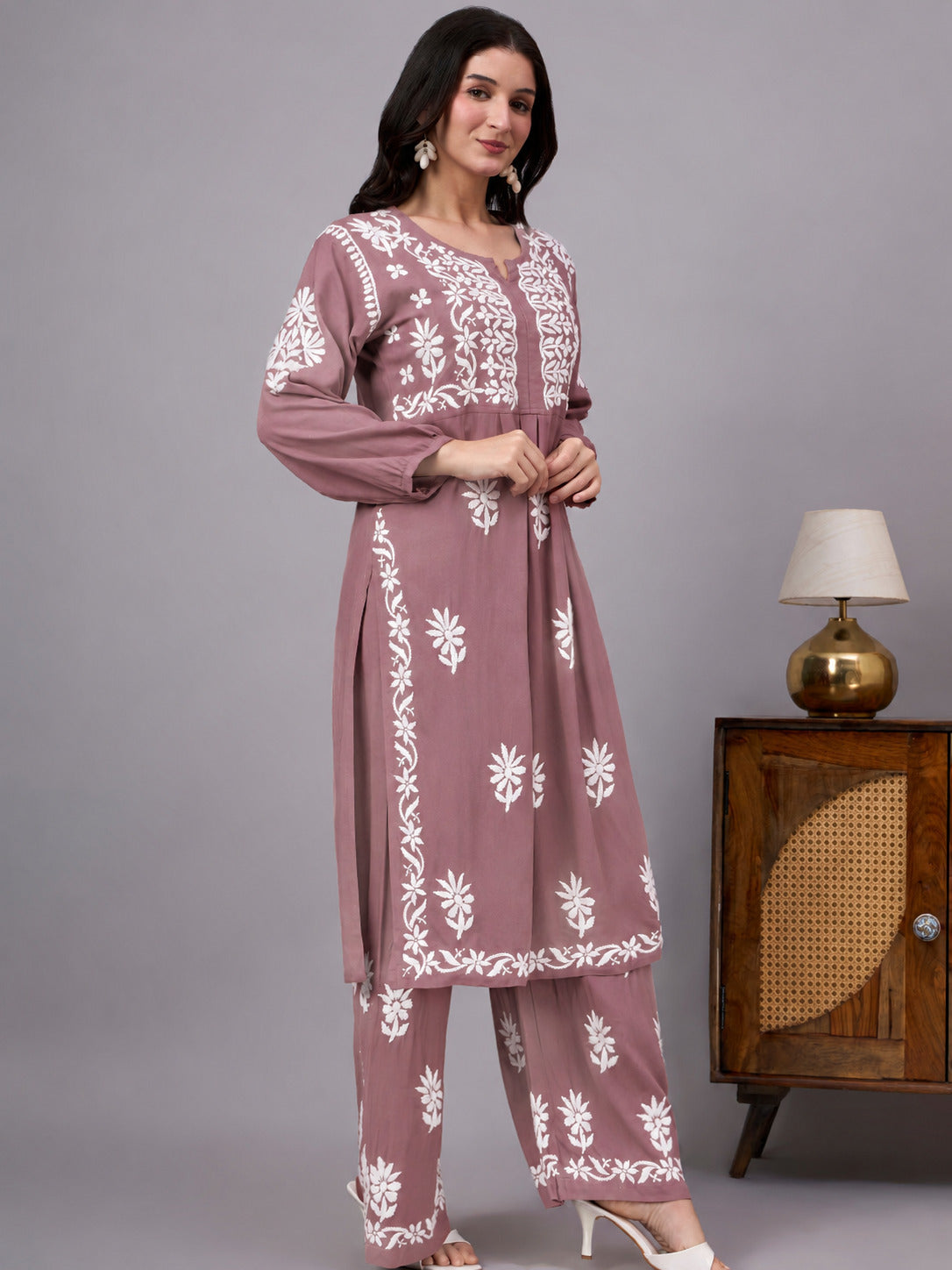 Mira Rayon Chikankari Kurti Palazzo Set - Rose Pink