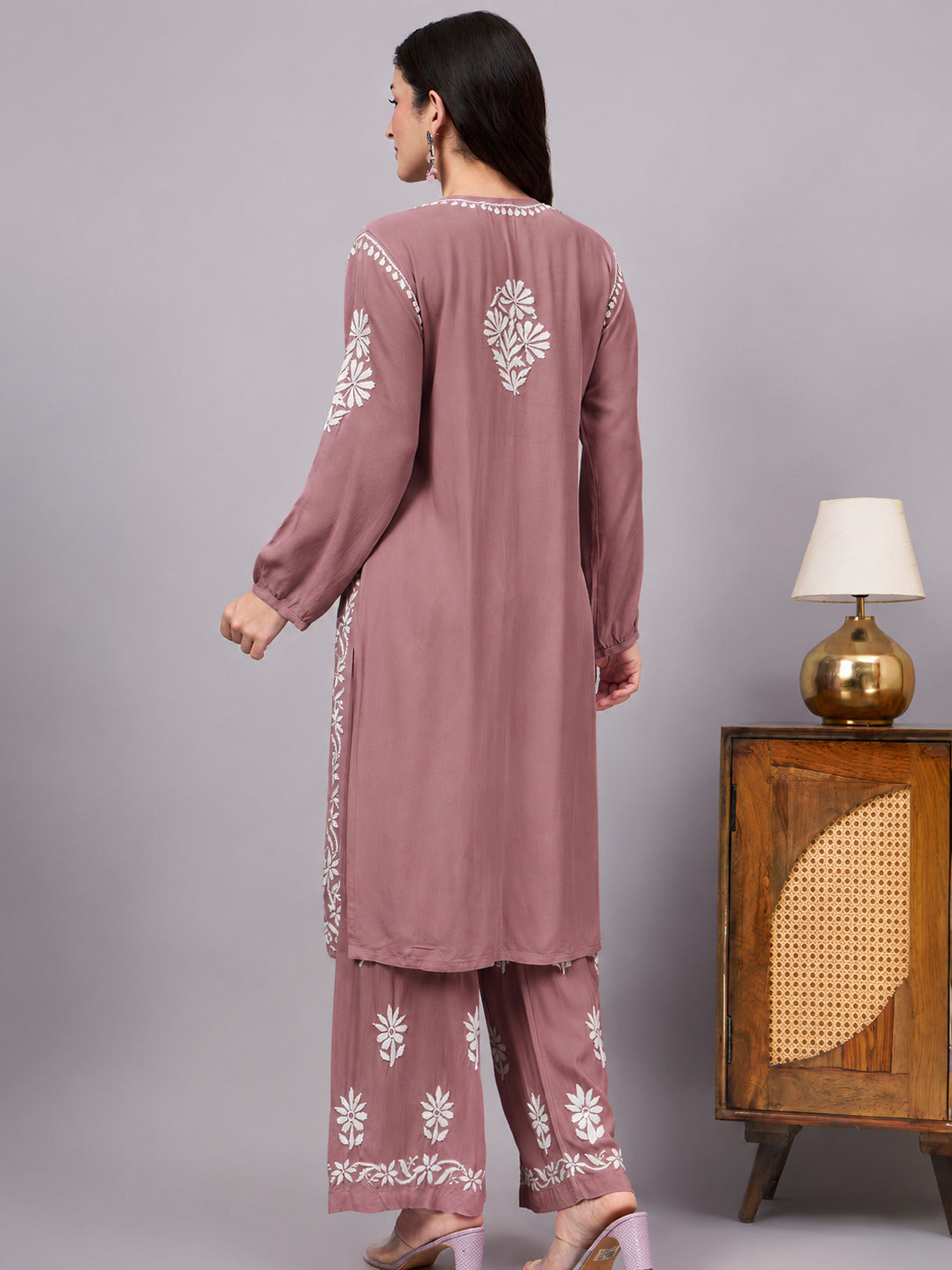 Mira Rayon Chikankari Kurti Palazzo Set - Rose Pink