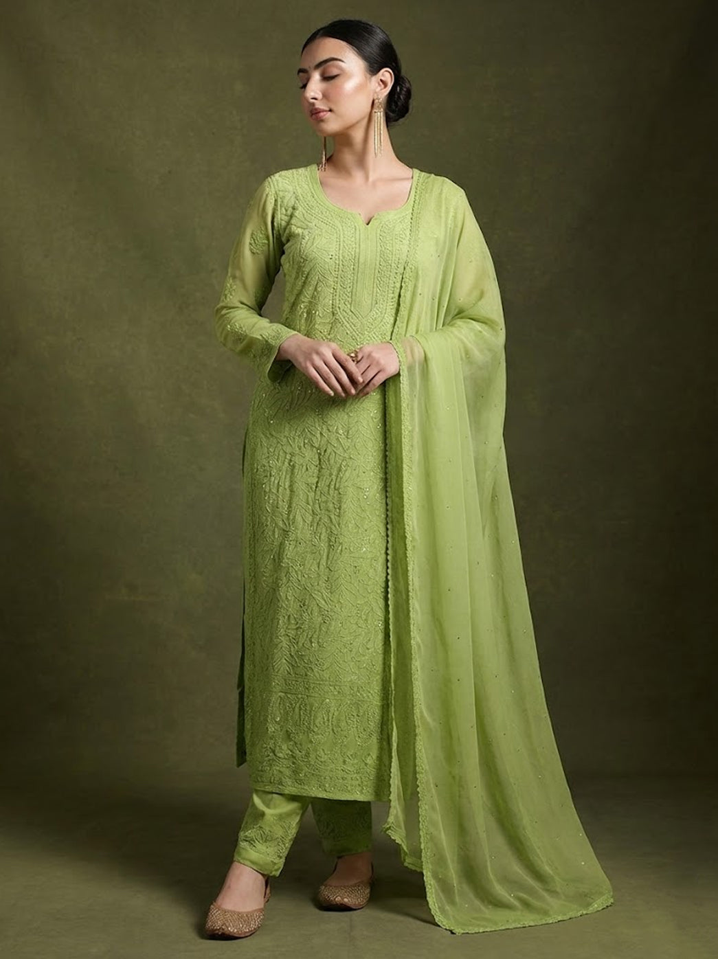 Miraya Chikankari Viscose Kurta Set with Dupatta - Green
