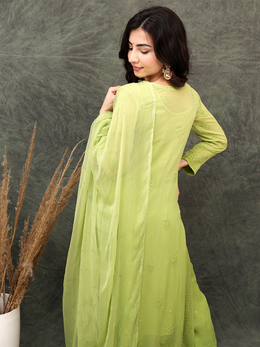 Miraya Chikankari Viscose Kurta Set with Dupatta - Green