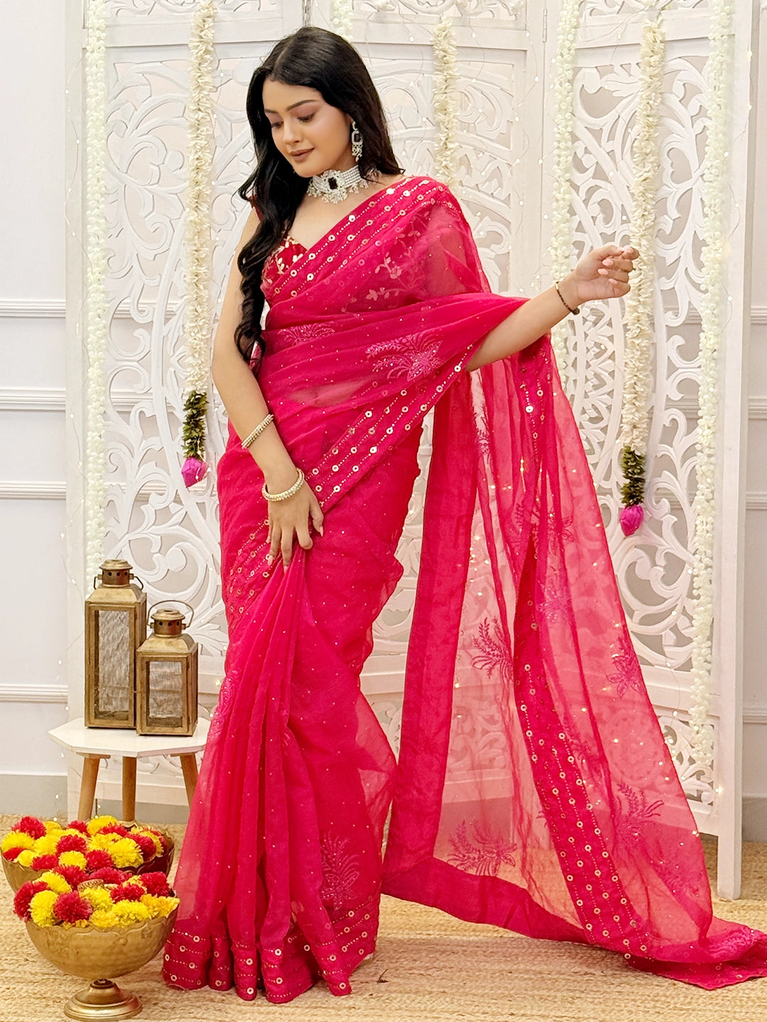 Semi-organza chikankari saree ideal for festive occasions, weddings, and ethnic celebrations.