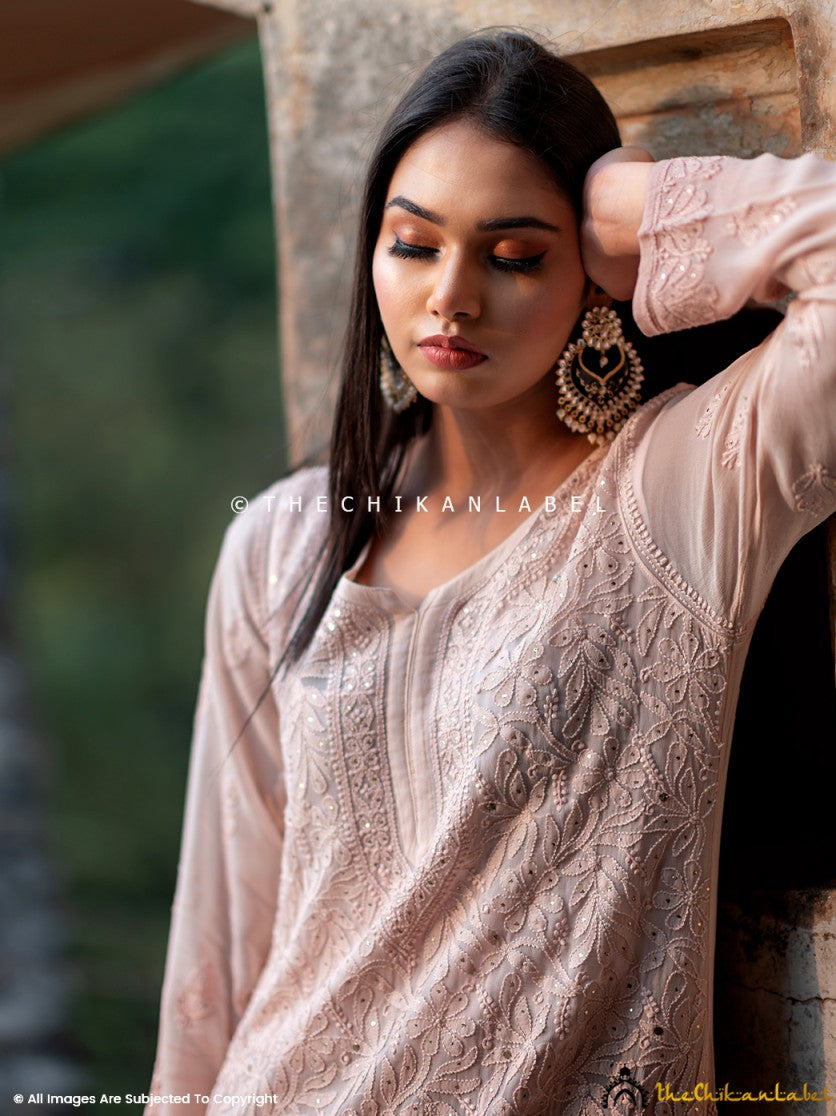 Asha Negi Sitara Chikankari Viscose Kurta Set with Dupatta - Mocha Ombre