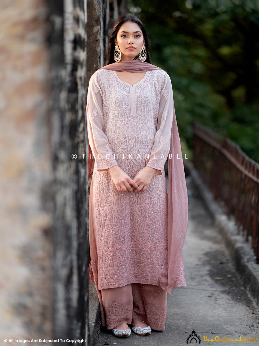 Asha Negi Sitara Chikankari Viscose Kurta Set with Dupatta - Mocha Ombre