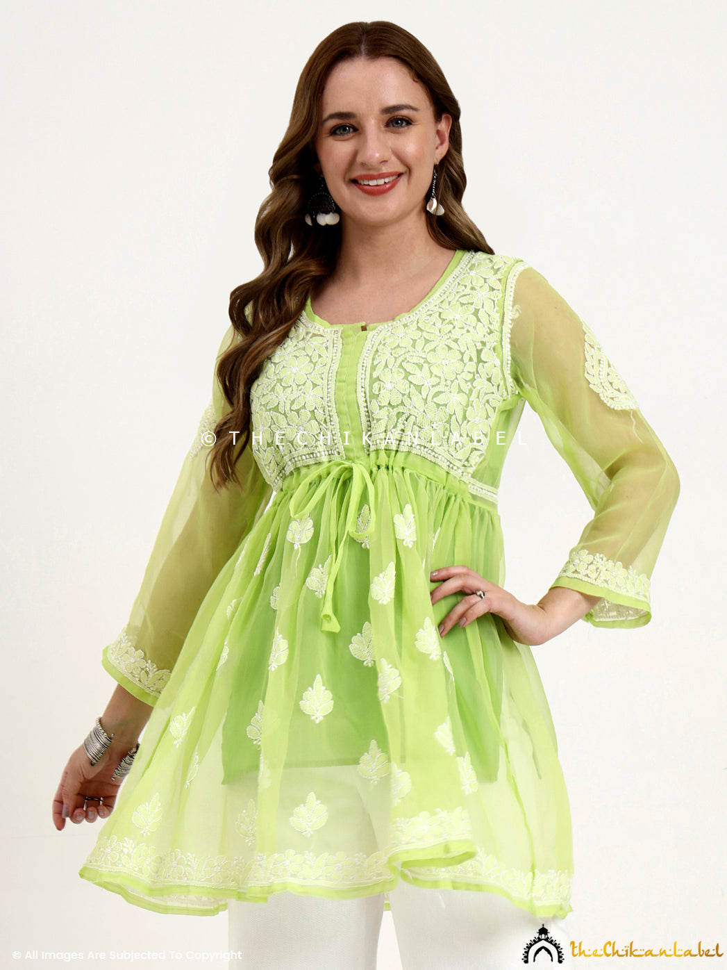 Pista Green Georgette Chikankari Tunic Top