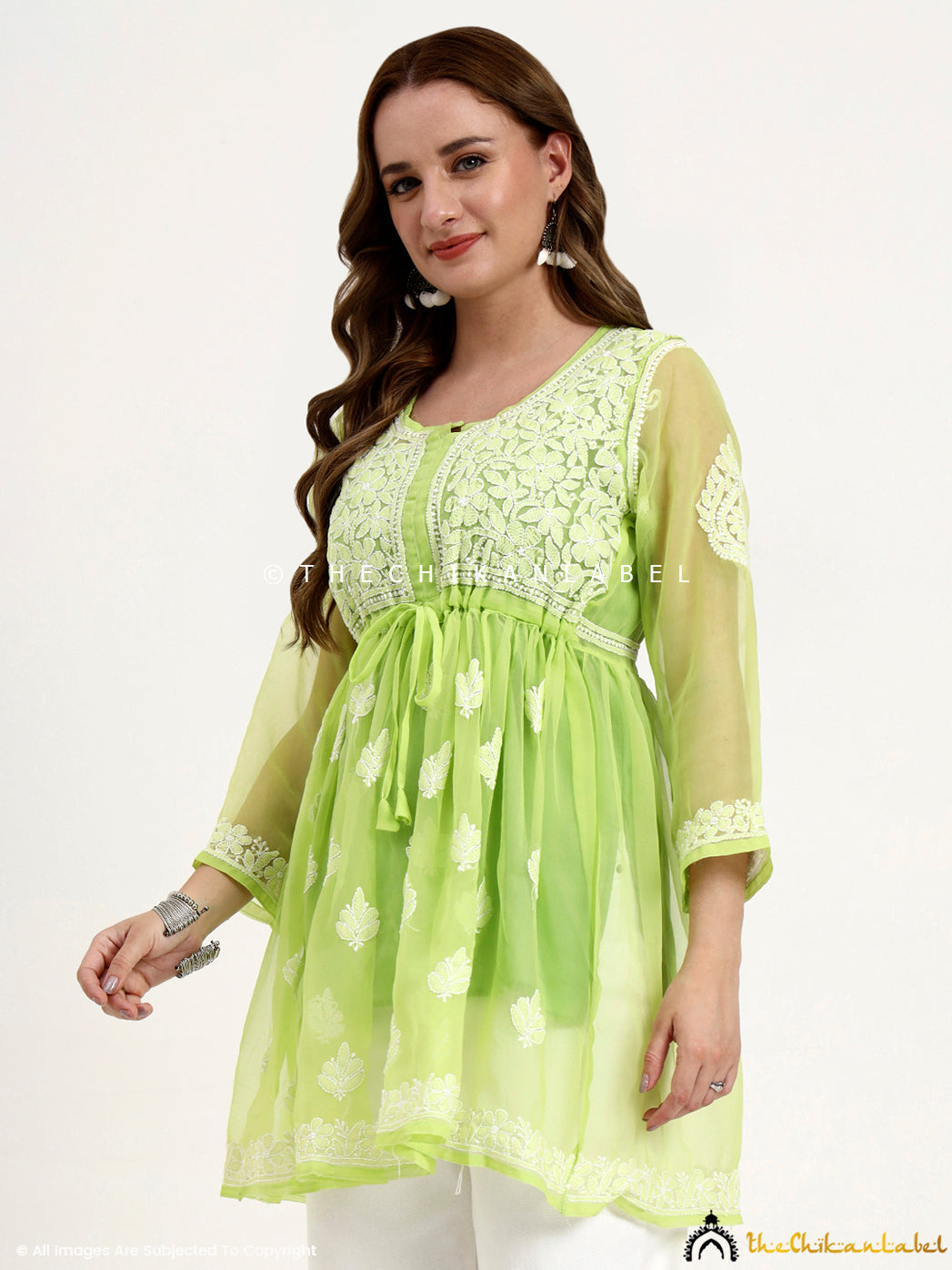 Pista Green Georgette Chikankari Tunic Top