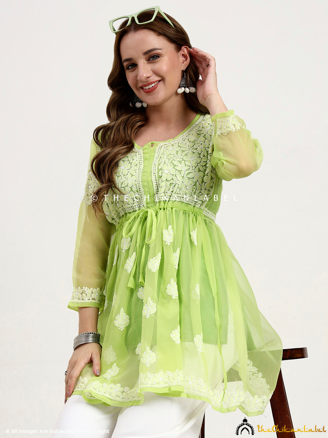 Pista Green Georgette Chikankari Tunic Top