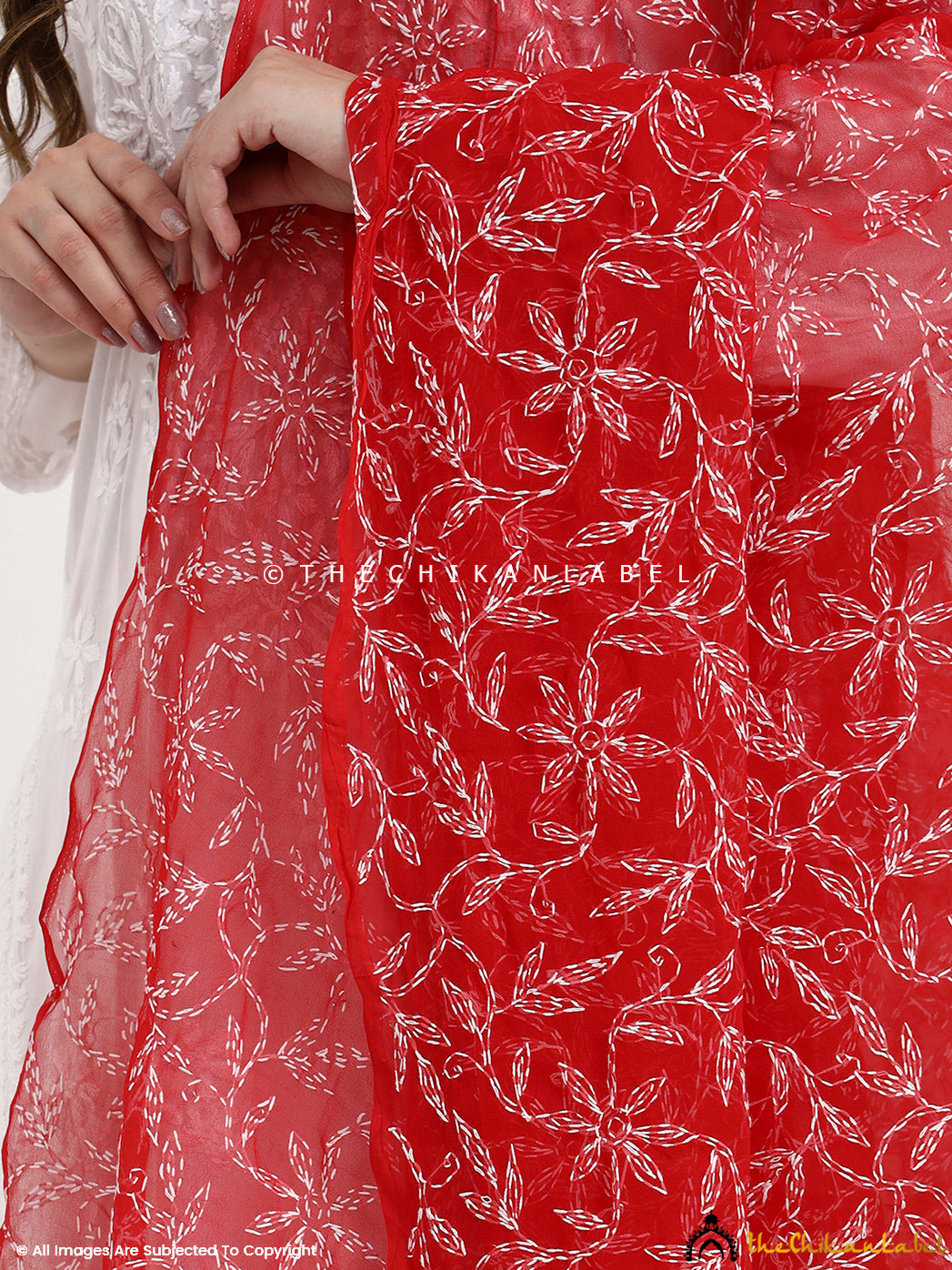 Red Tepchi Georgette Chikankari Dupatta Lucknawi Chikan