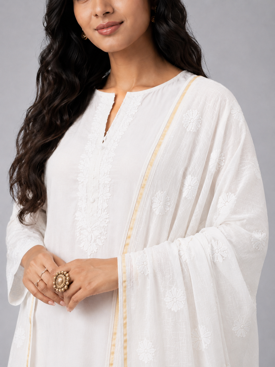 White Mul Chanderi Chikankari Dupatta