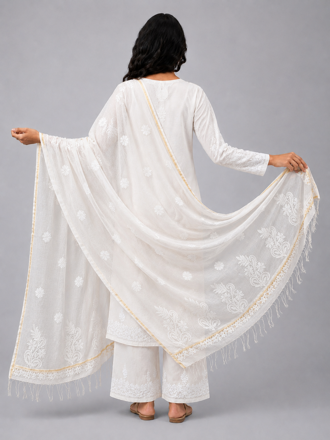 White Mul Chanderi Chikankari Dupatta