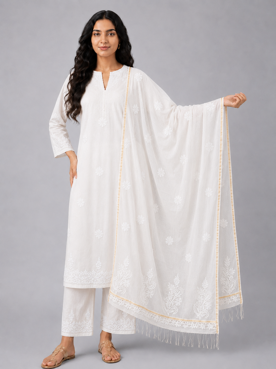 White Mul Chanderi Chikankari Dupatta