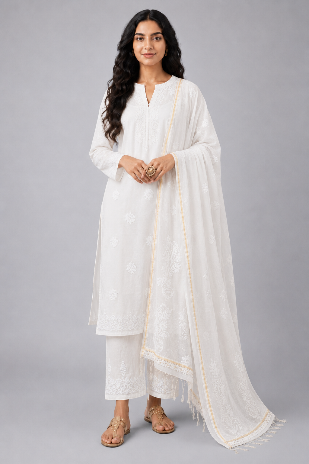 White Mul Chanderi Chikankari Dupatta