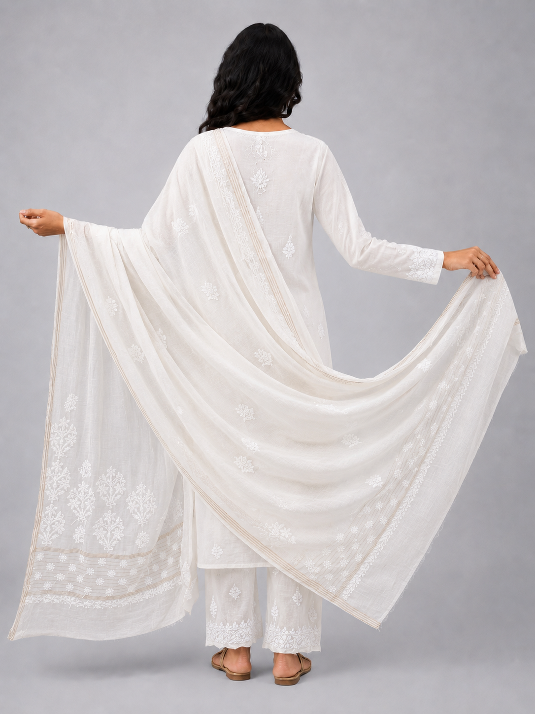 White Mul Chanderi Chikankari Dupatta