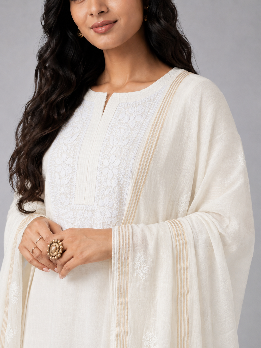White Mul Chanderi Chikankari Dupatta
