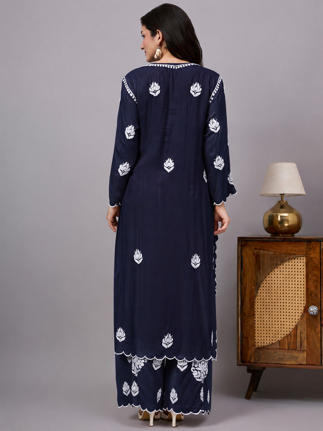 Najat Modal Chikankari Kurti Palazzo Set - Navy Blue