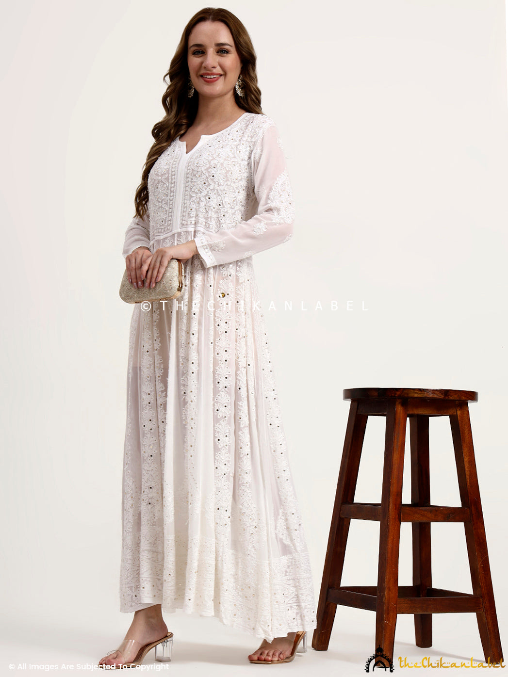 Naazni Viscose Chikankari Anarkali - White