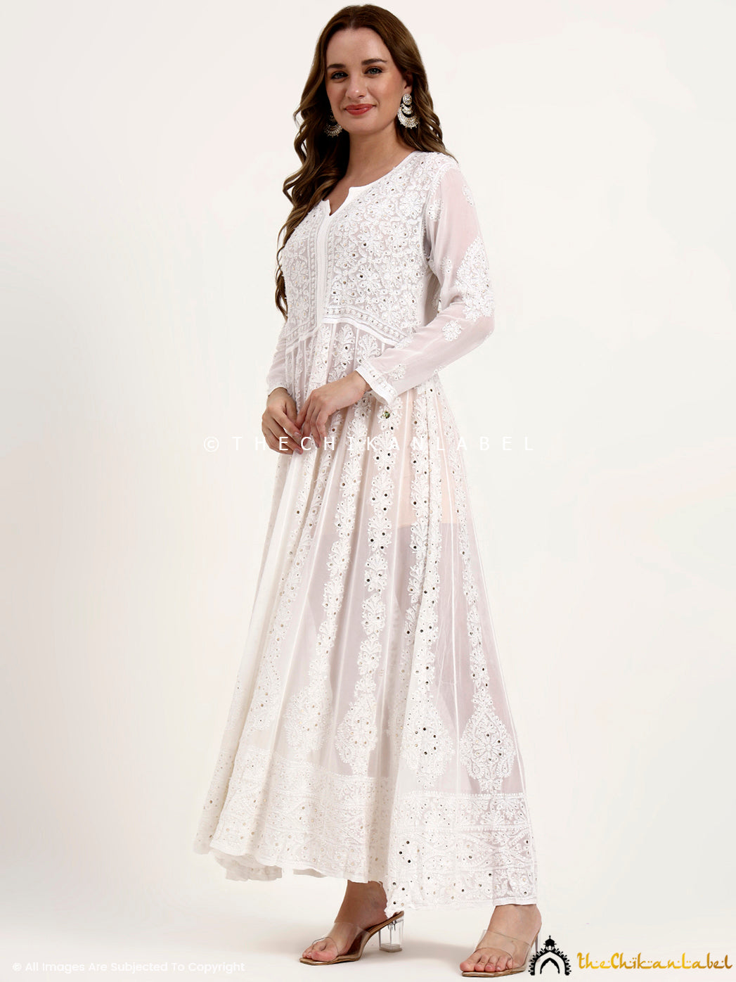 Naazni Viscose Chikankari Anarkali - White