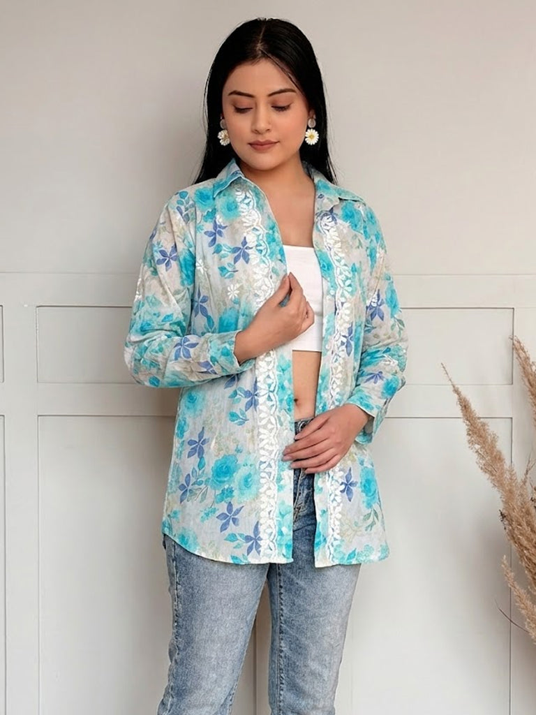 Nadira Mulmul Cotton Chikankari Shirt - Blue