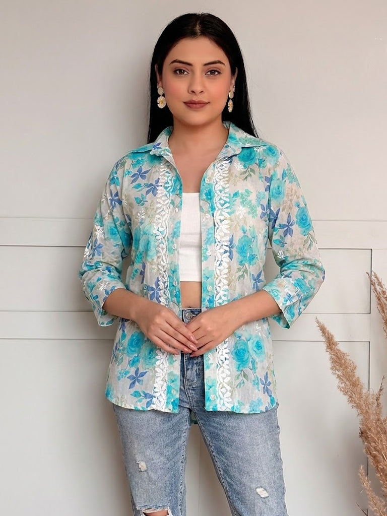 Nadira Mulmul Cotton Chikankari Shirt - Blue
