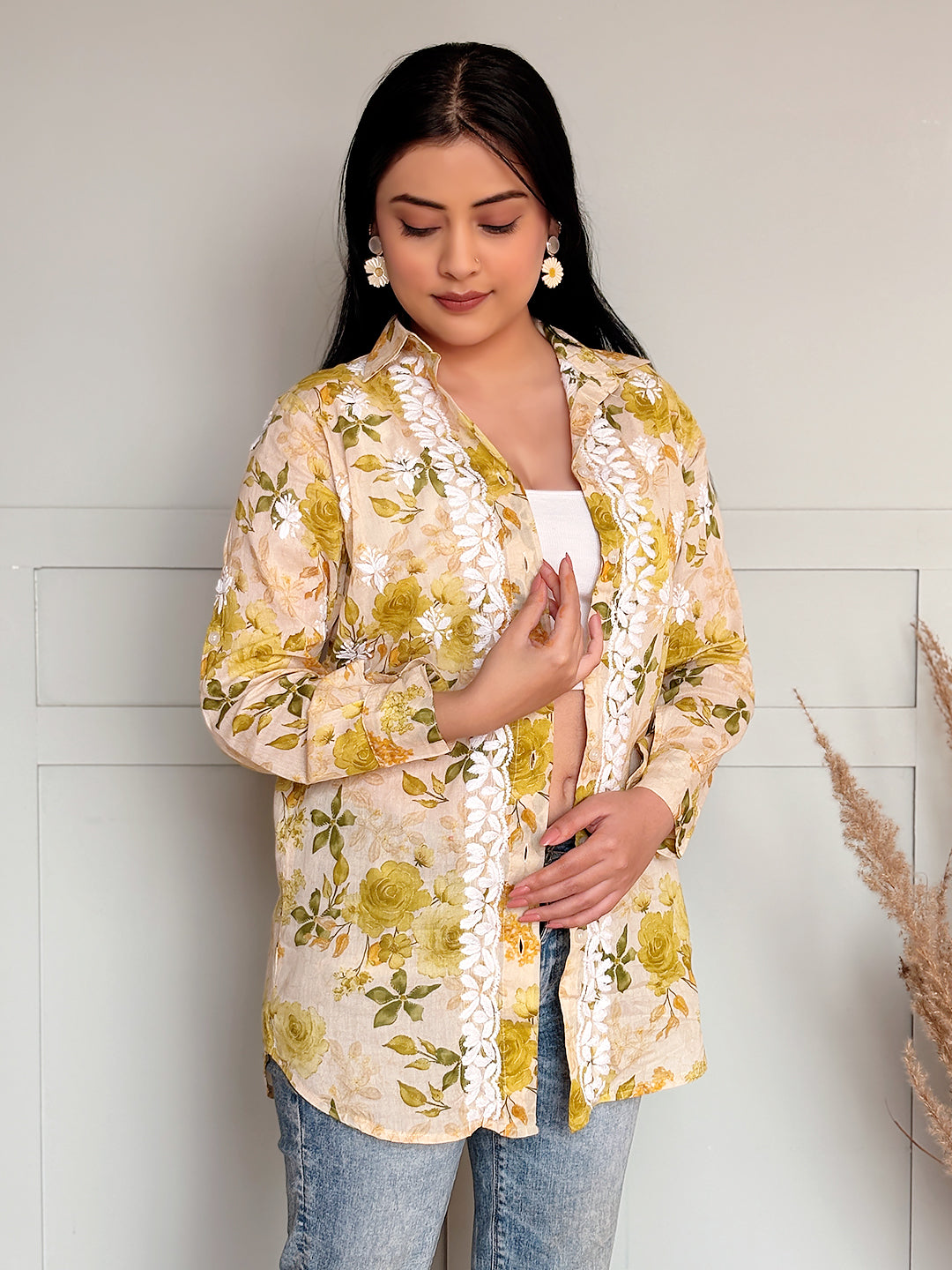 Nadira Mulmul Cotton Chikankari Shirt - Green