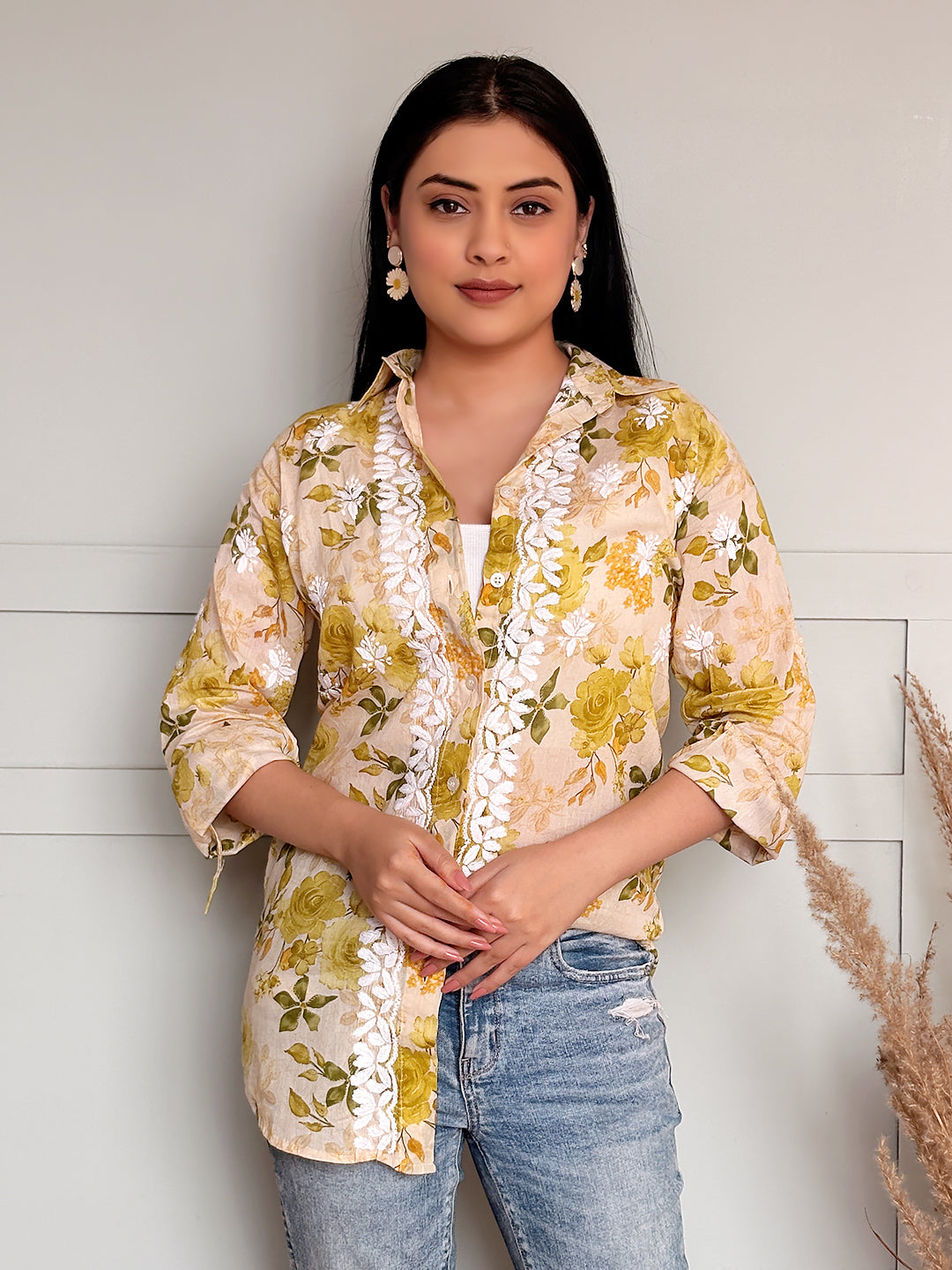 Nadira Mulmul Cotton Chikankari Shirt - Green