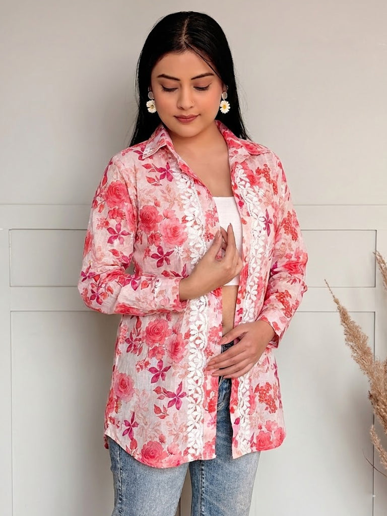 Nadira Mulmul Cotton Chikankari Shirt - Pink