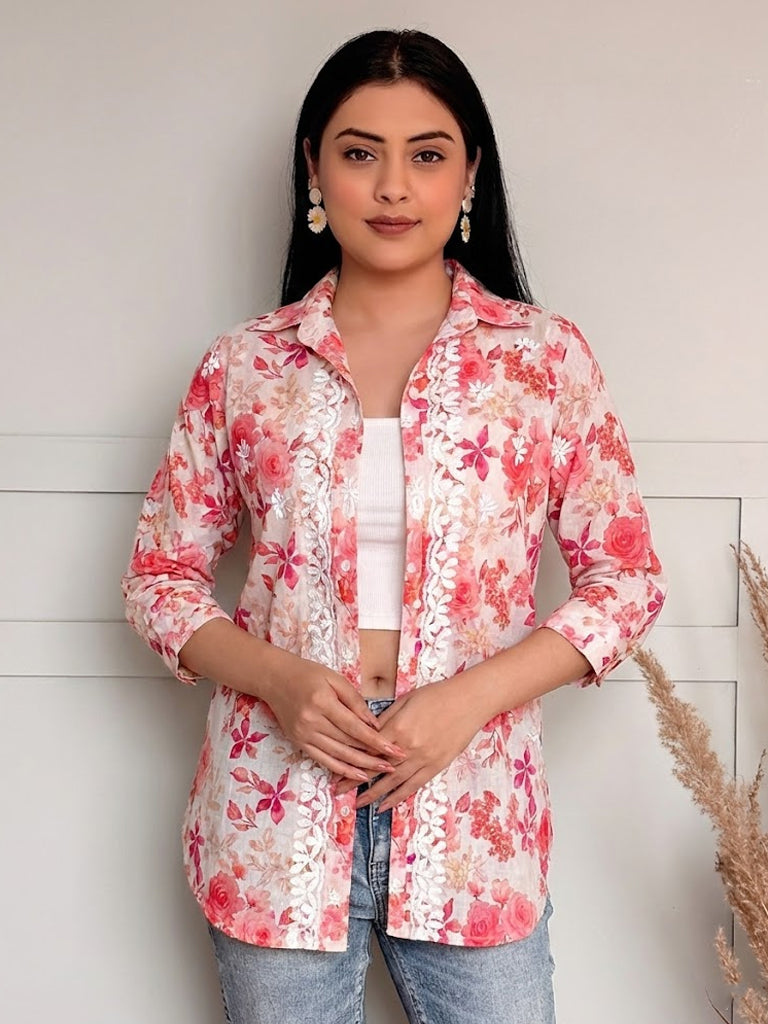 Nadira Mulmul Cotton Chikankari Shirt - Pink