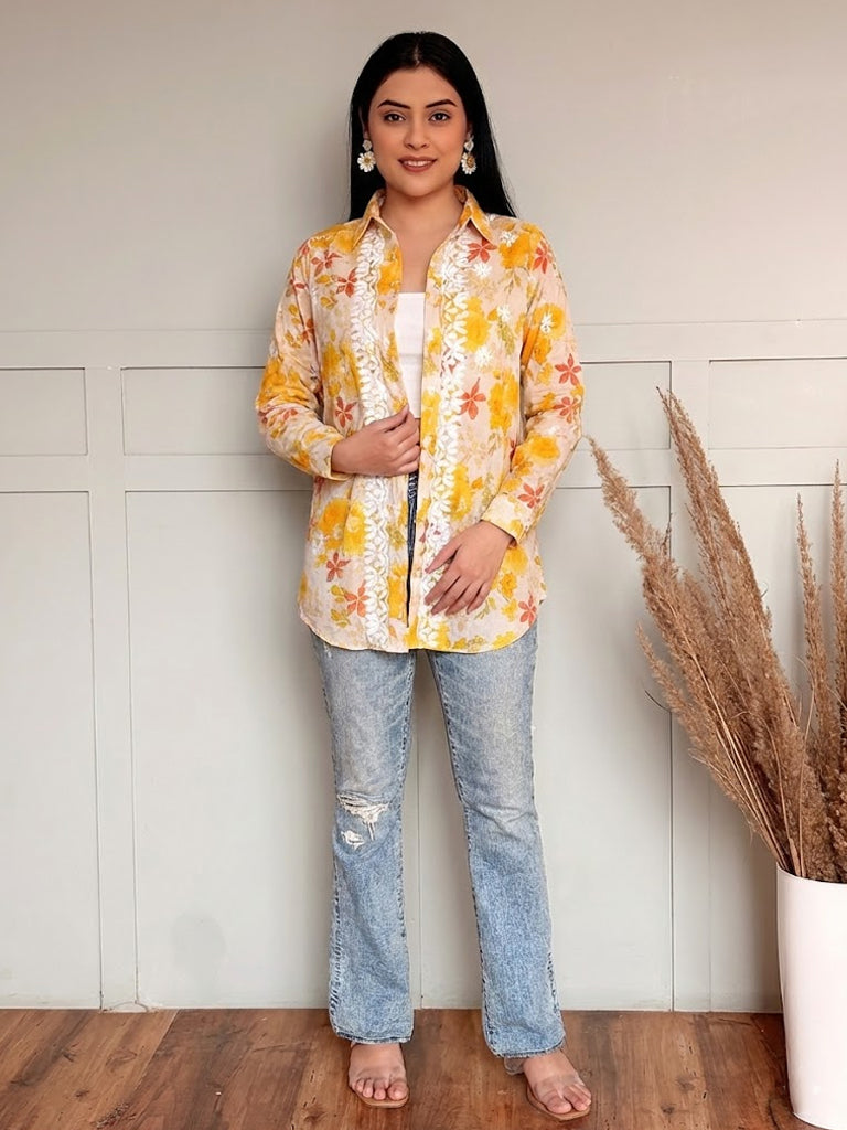 Nadira Mulmul Cotton Chikankari Shirt - Yellow