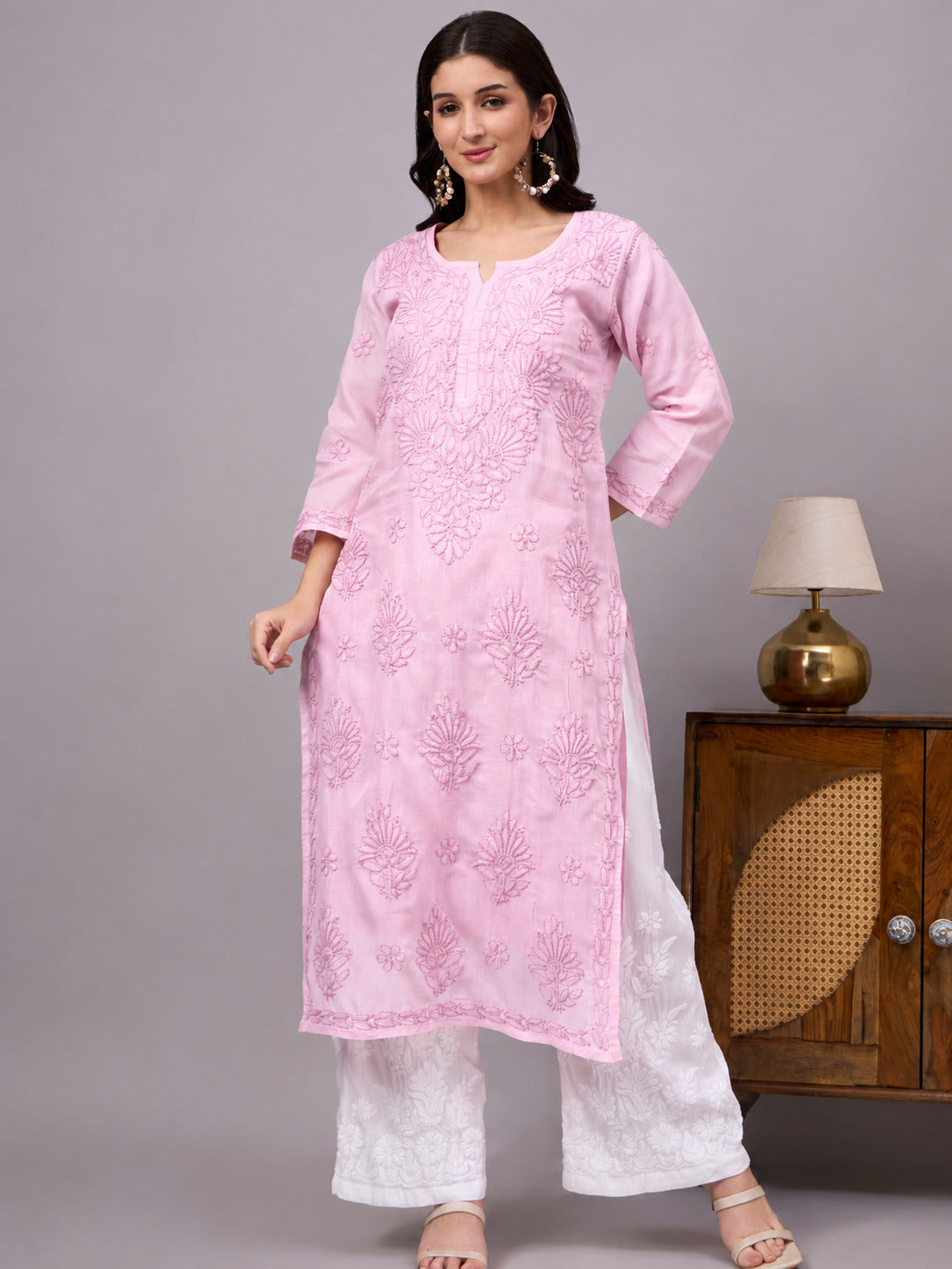 Women's Cotton Straight Kurti with authentic handcrafted Chikankari embroidery and soft inner lining, designed for comfortable regular wear, office wear, and casual ethnic styling.