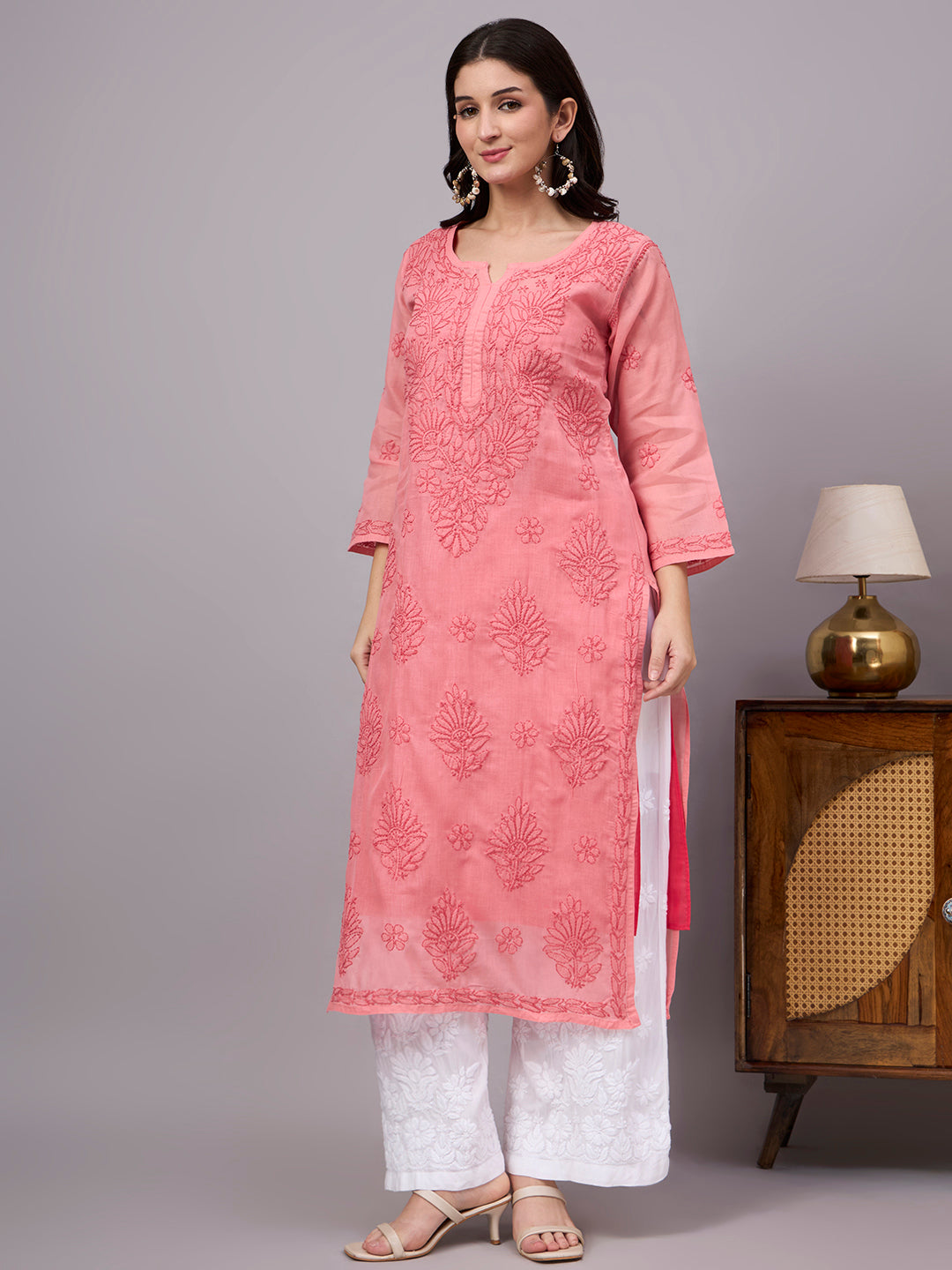 Women's Cotton Straight Kurti with authentic handcrafted Chikankari embroidery and soft inner lining, designed for comfortable regular wear, office wear, and casual ethnic styling.