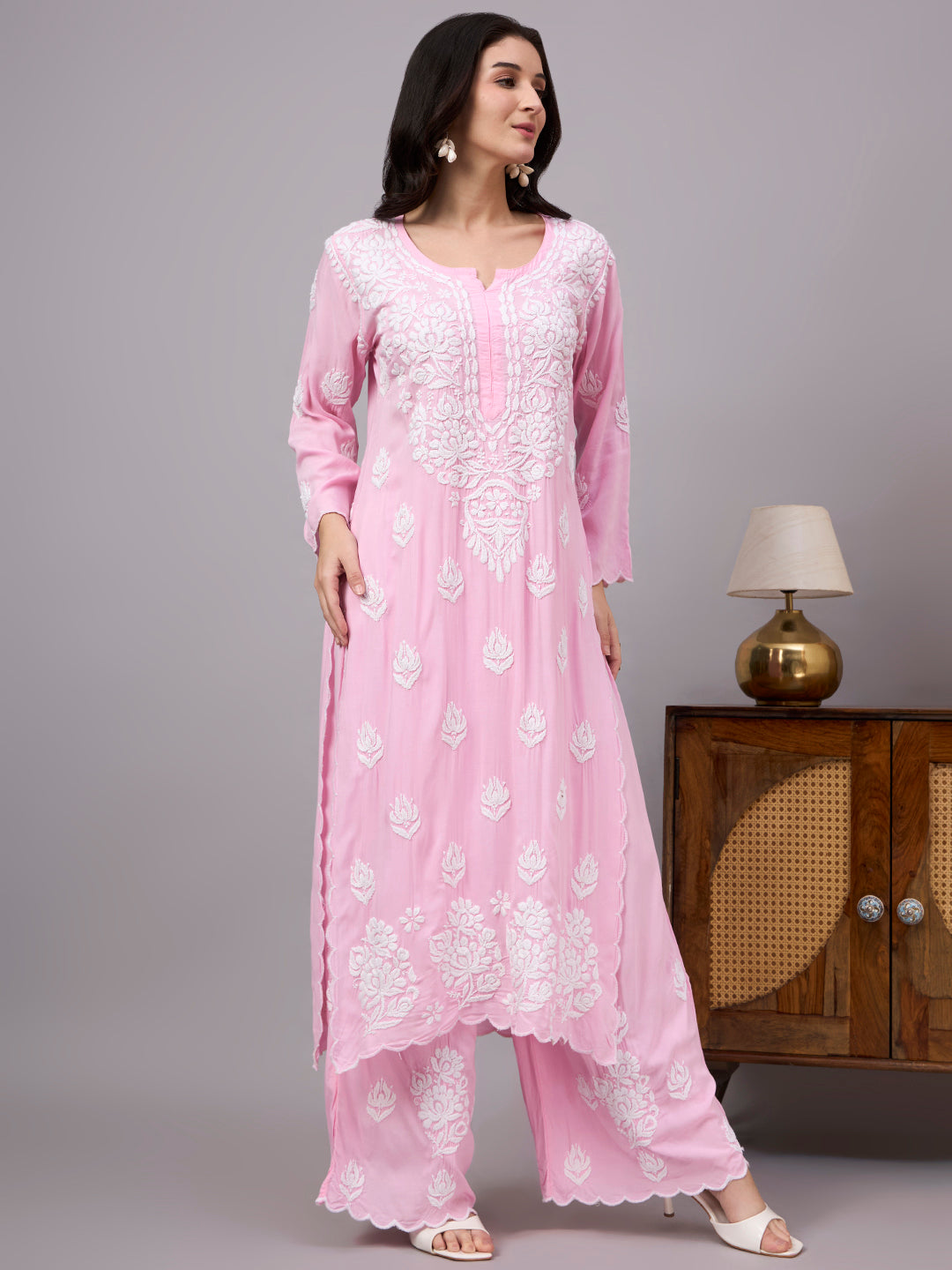 Authentic Chikankari Kurta Set featuring detailed handcrafted floral embroidery, premium modal fabric, and comfortable straight-fit styling for all-day elegance.