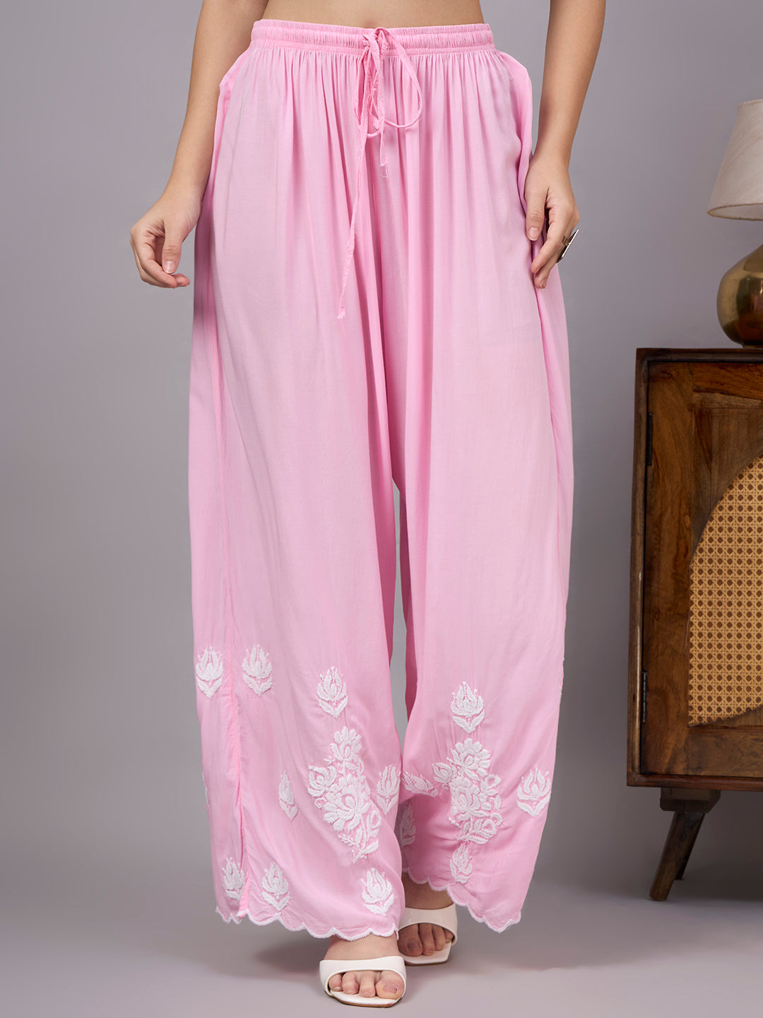 Premium Modal Straight Kurti Palazzo Set with traditional Chikankari craftsmanship, lightweight fabric, and matching palazzo for office and casual occasions.