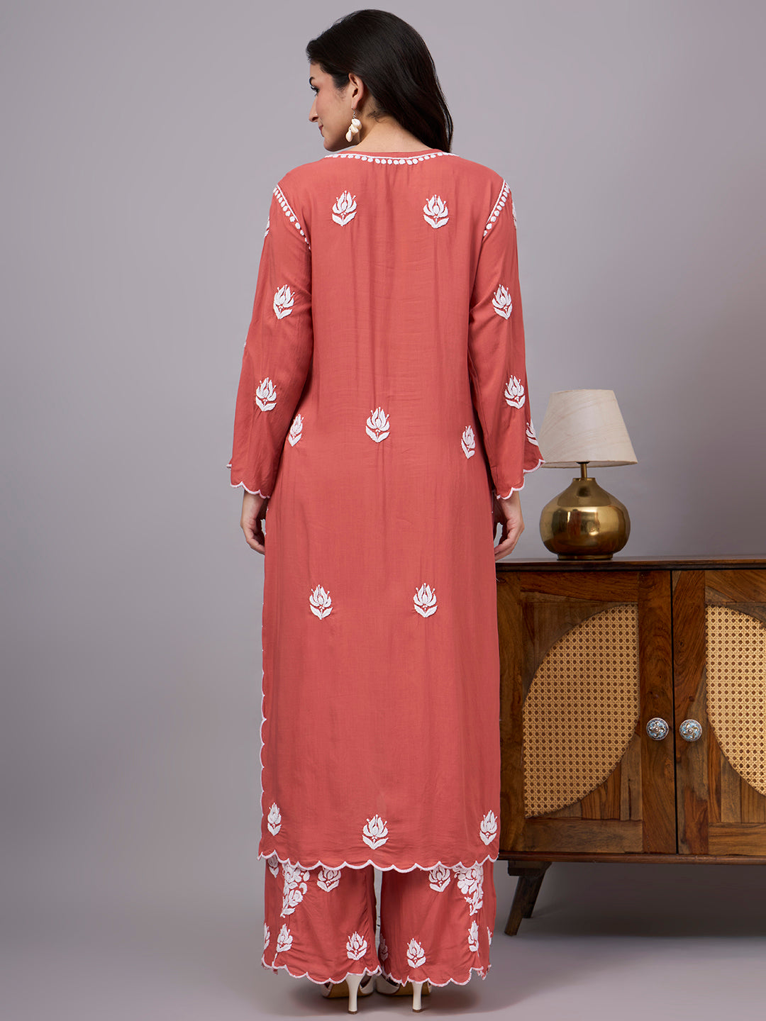 Handcrafted Modal Straight Kurti Palazzo Set for women featuring traditional Lucknow Chikankari embroidery, breathable fabric, and graceful everyday comfort.