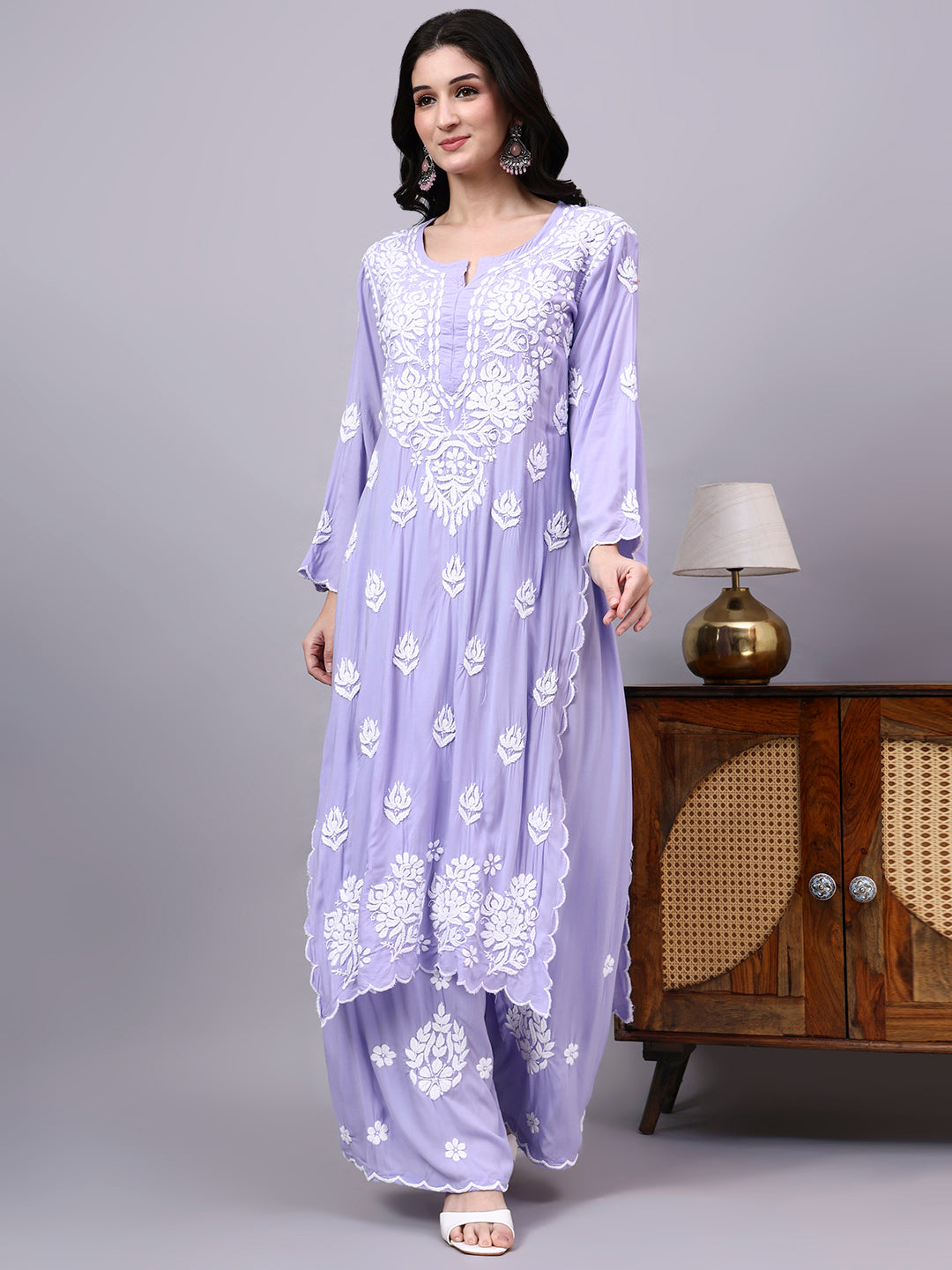 Women's ethnic comfortable regular wear set featuring handcrafted Lucknow Chikankari embroidery, breathable modal fabric, and effortless everyday styling.