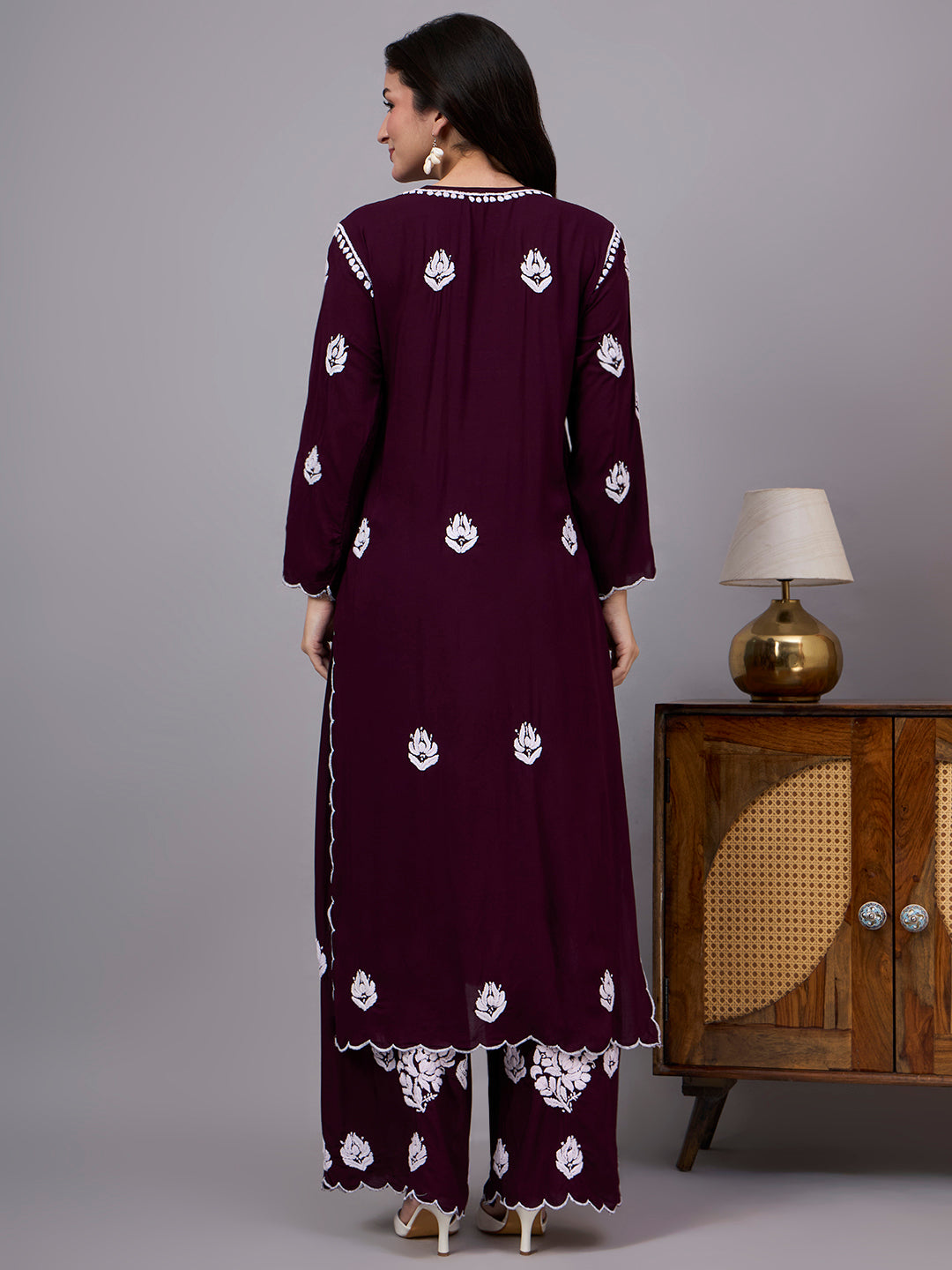 Designer Chikankari Kurta Set crafted by skilled artisans with detailed embroidery patterns, straight kurti silhouette, and coordinated palazzo for a complete ethnic look.