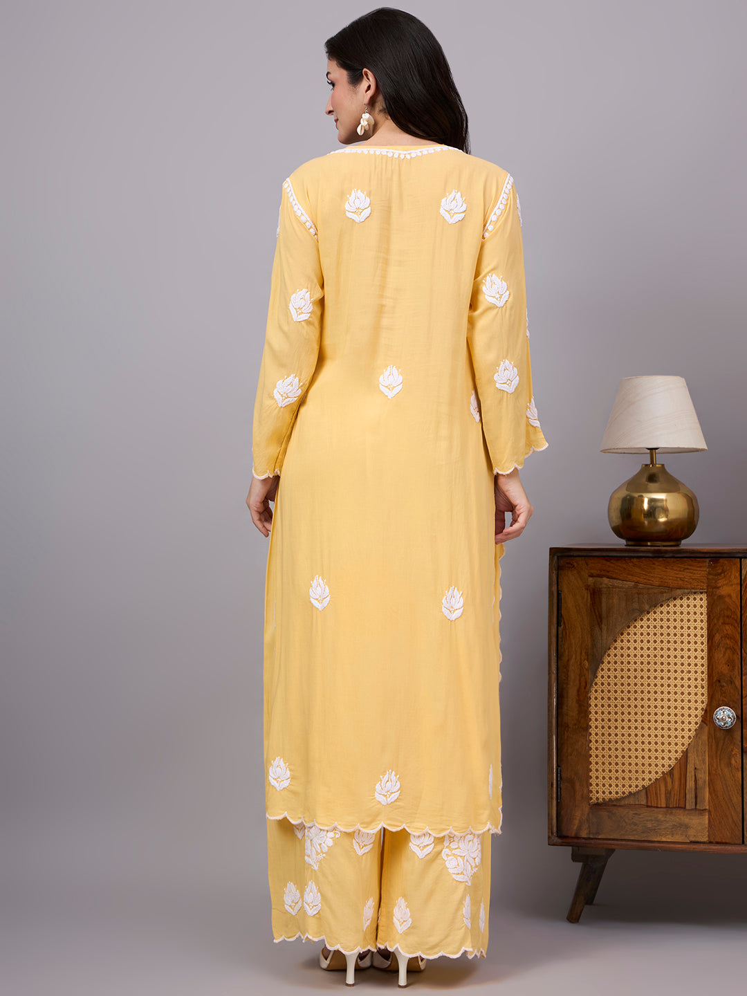 Women's Modal Straight Kurti Palazzo Set featuring authentic handcrafted Chikankari embroidery with a matching palazzo, designed for comfortable regular wear and elegant ethnic styling.