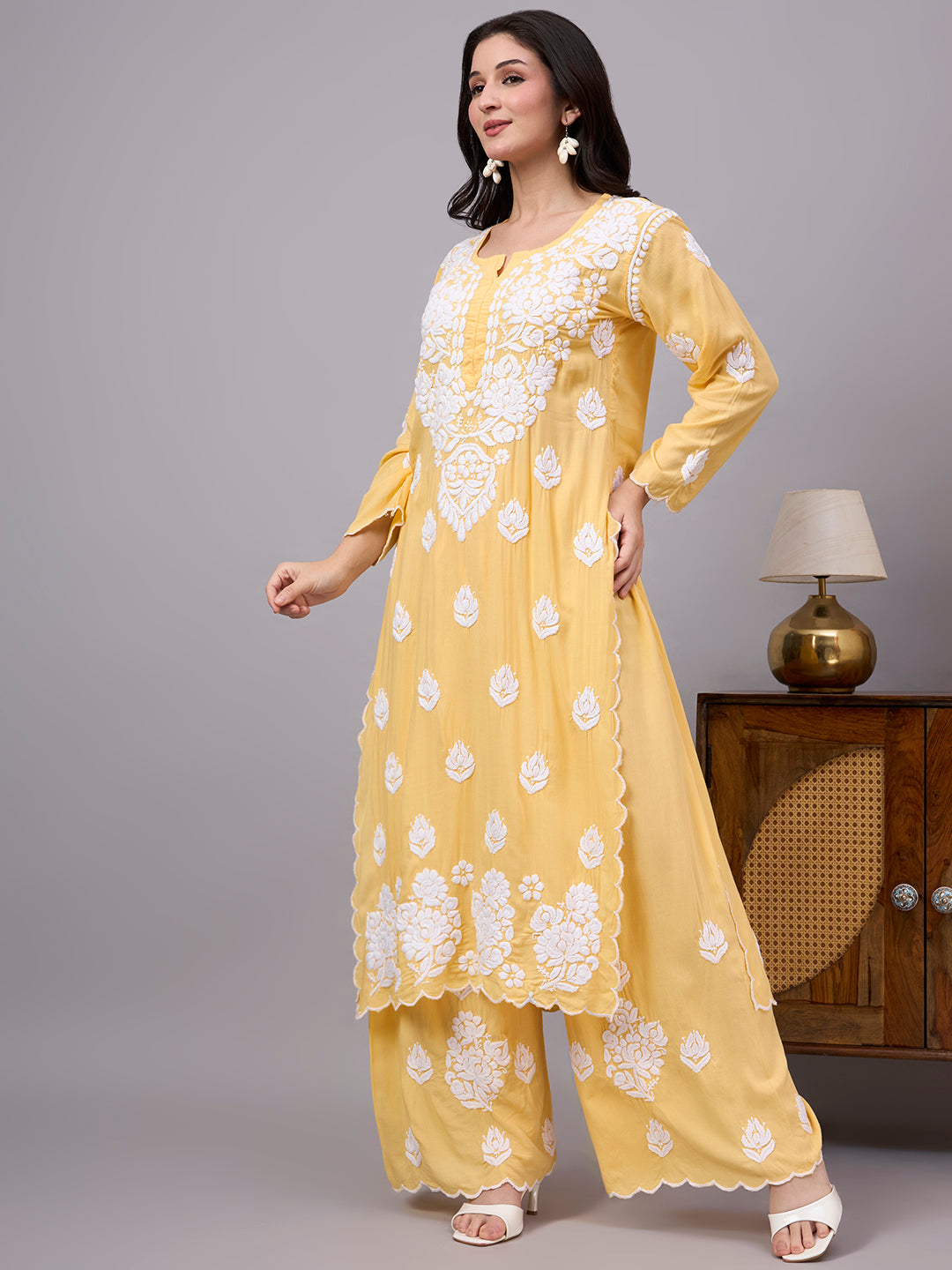 Handcrafted Modal Straight Kurti Palazzo Set for women featuring traditional Lucknow Chikankari embroidery, breathable fabric, and graceful everyday comfort.