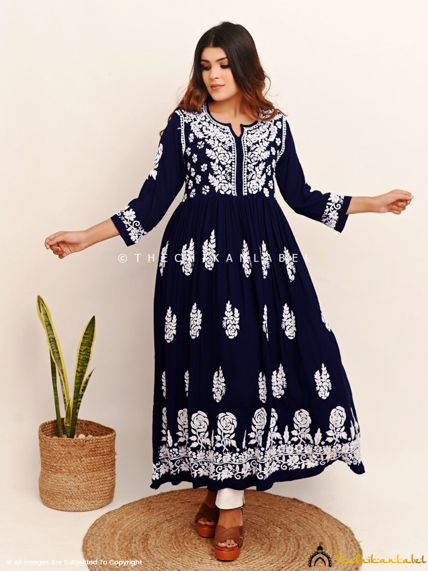 Navy Blue Modal Chikankari Anarkali Kurta ,Chikankari Anarkali Kurta in Modal fabric For Woman